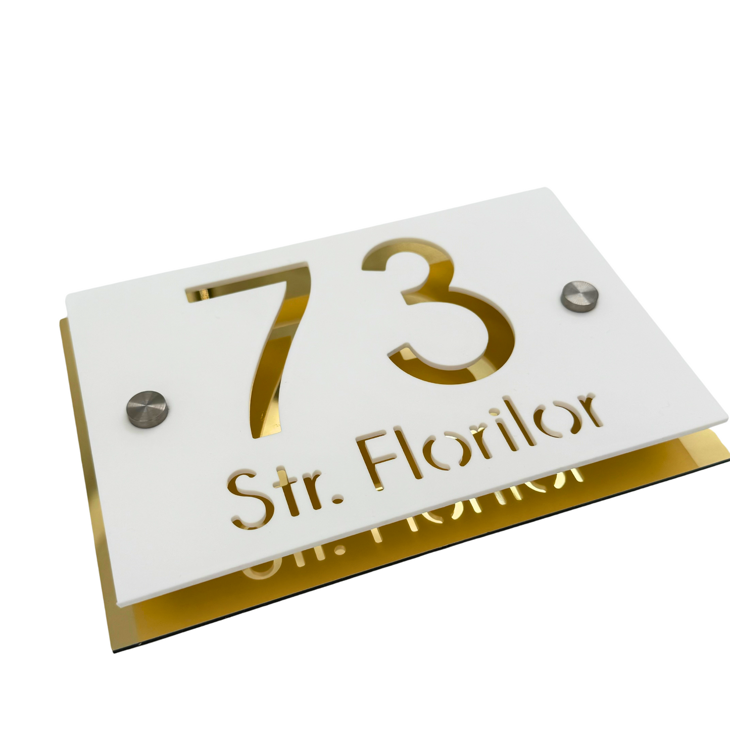PREMIUM HOUSE NUMBER - White Satin Aluminium Gold Mirror 2 Spacers Silver - 20×13 cm