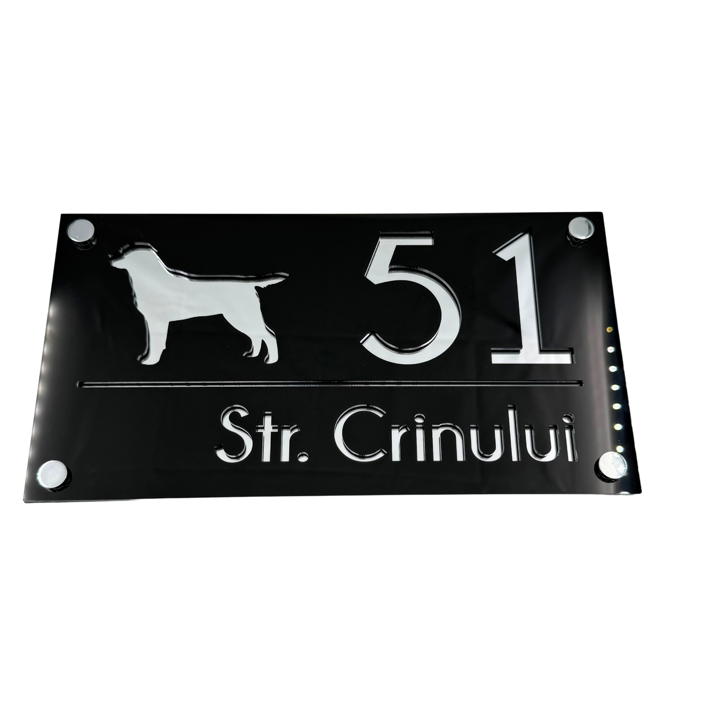 PREMIUM HOUSE NUMBER - Glossy Black Silver Mirror 4 Spacers Silver - 28×15 cm