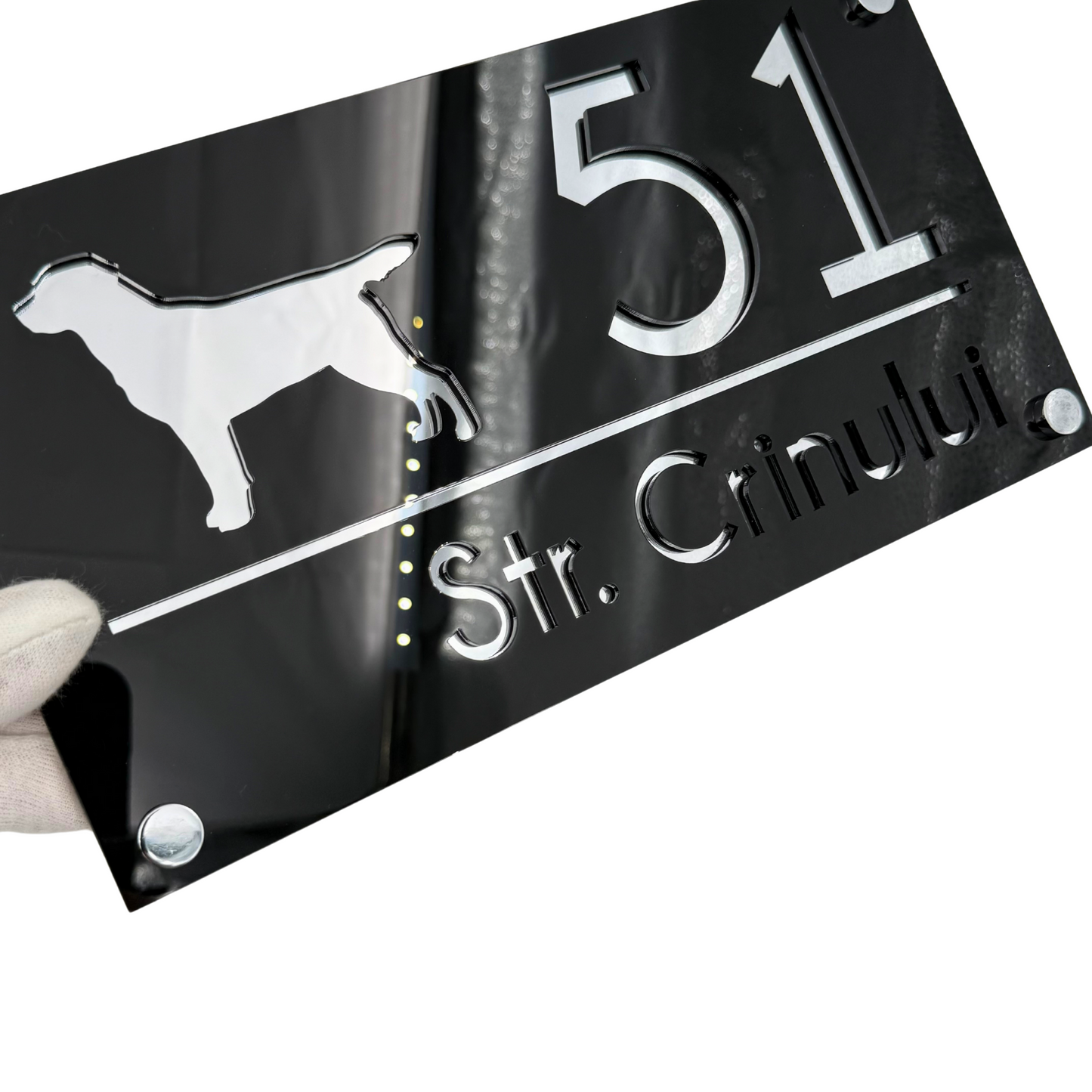 PREMIUM HOUSE NUMBER - Glossy Black Silver Mirror 4 Spacers Silver - 28×15 cm