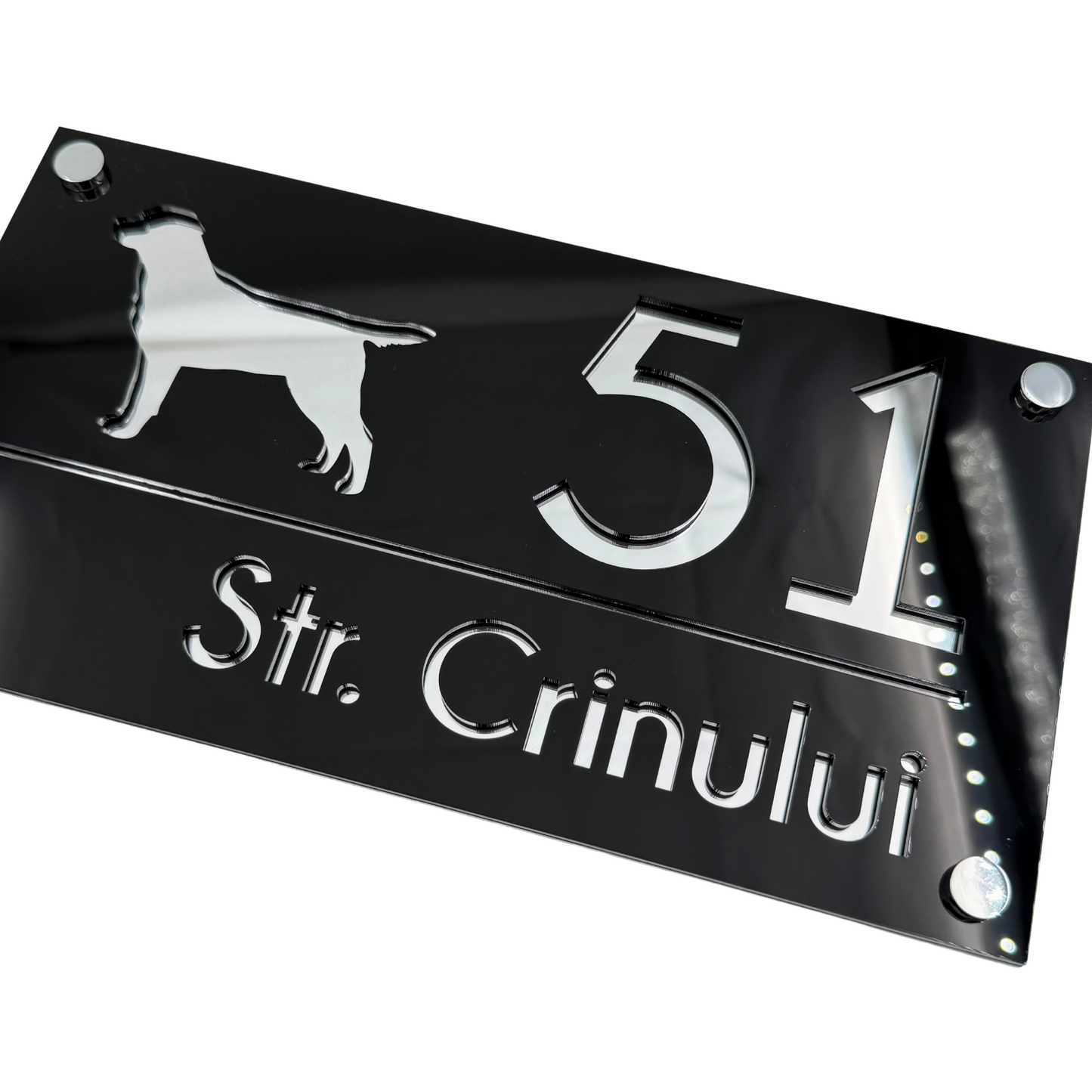 PREMIUM HOUSE NUMBER - Glossy Black Silver Mirror 4 Spacers Silver - 28×15 cm