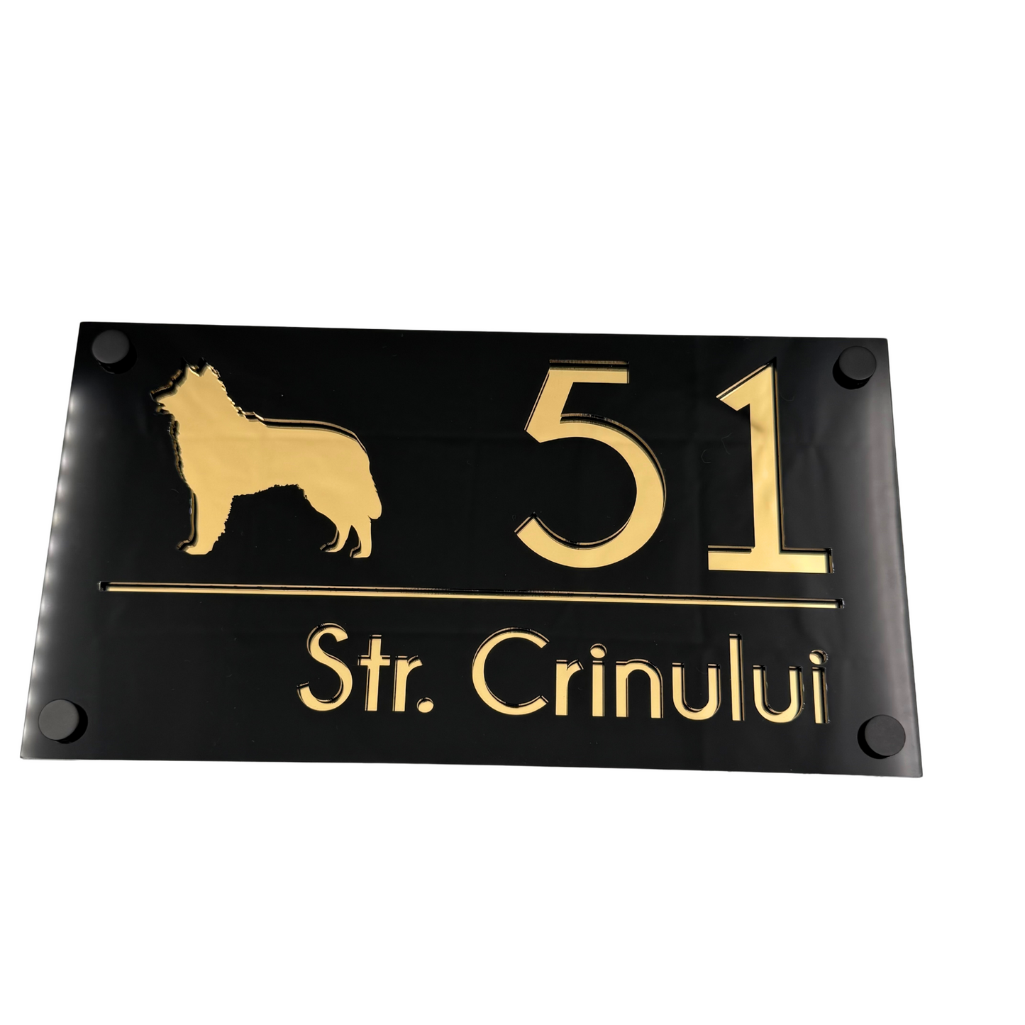 PREMIUM HOUSE NUMBER - Glossy Black Gold Mirror 4 Spacers NeGreyi - 28×15 cm