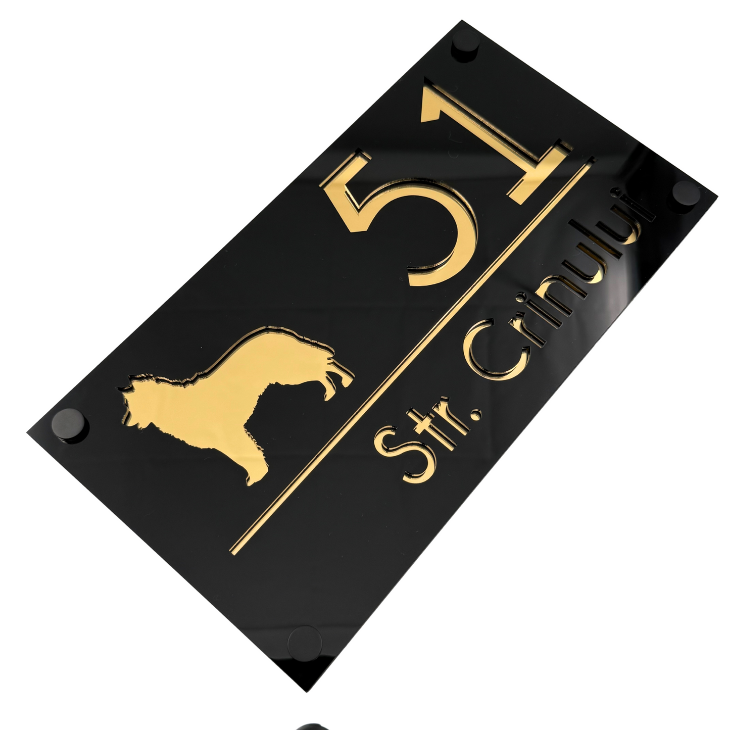PREMIUM HOUSE NUMBER - Glossy Black Gold Mirror 4 Spacers NeGreyi - 28×15 cm