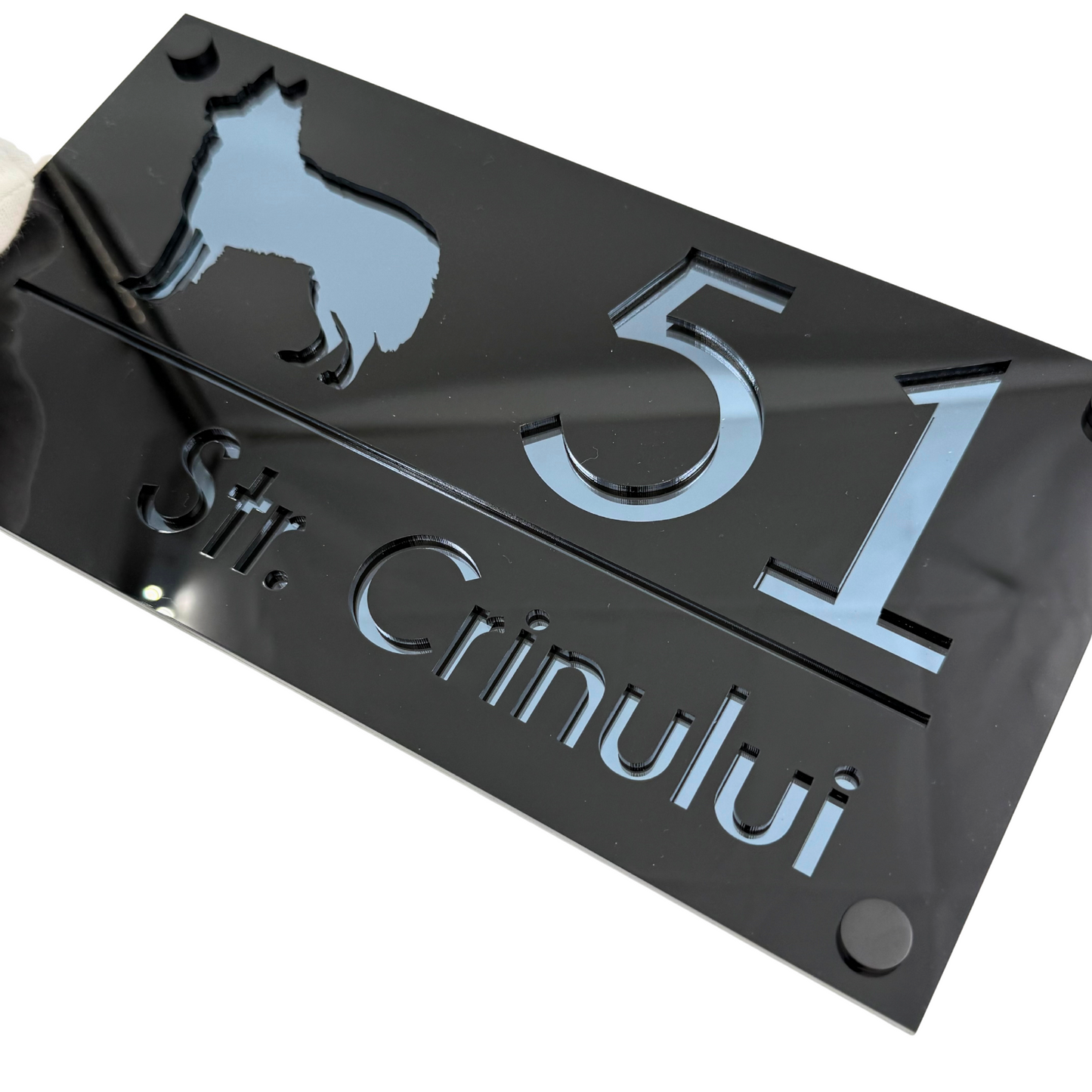 PREMIUM HOUSE NUMBER - Glossy Black Anthracite Grey Mirror 4 Spacers NeGreyi - 28×15 cm