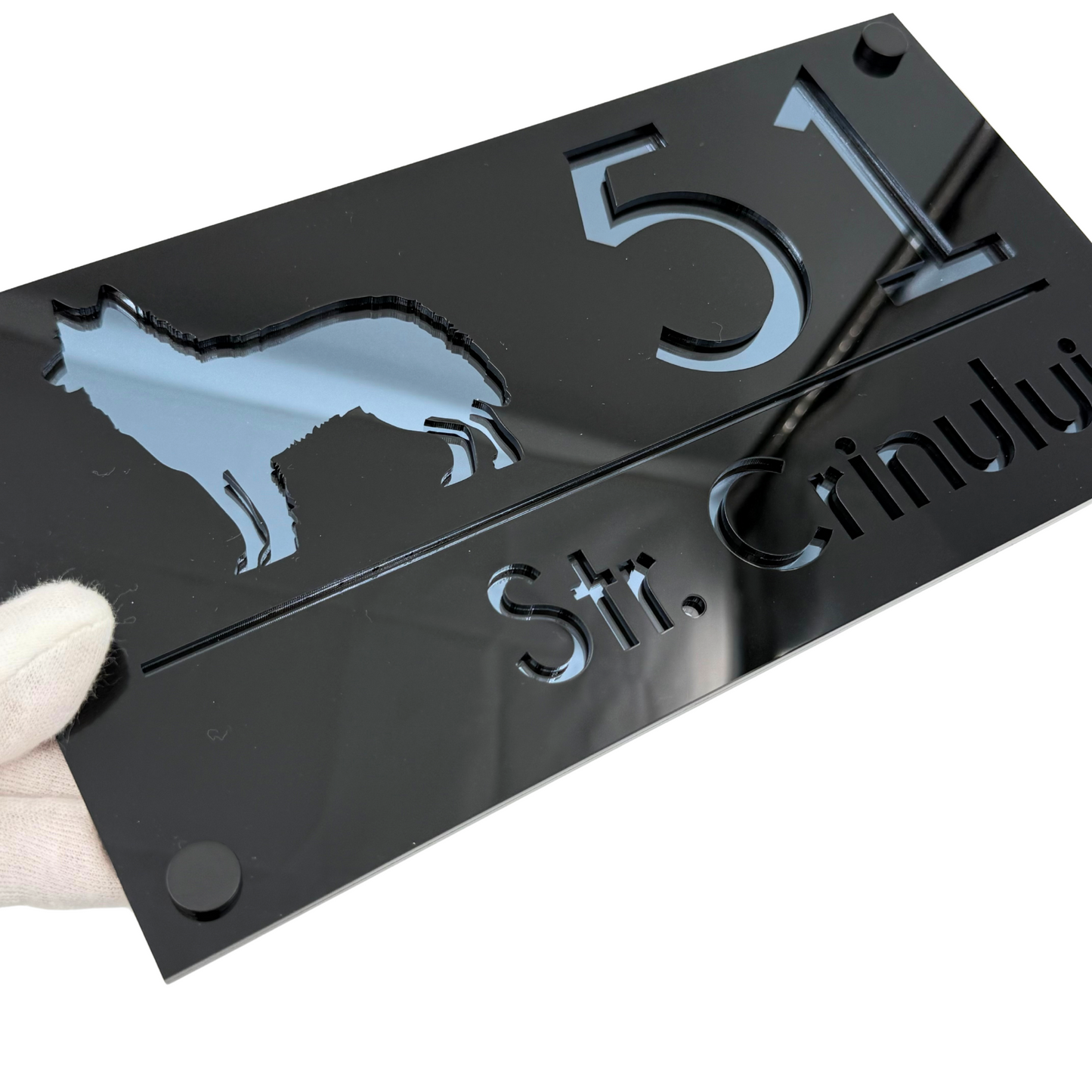 PREMIUM HOUSE NUMBER - Glossy Black Anthracite Grey Mirror 4 Spacers NeGreyi - 28×15 cm