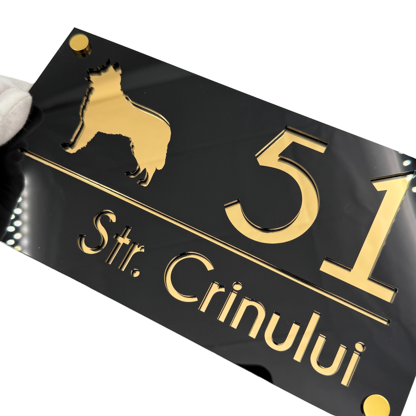 PREMIUM HOUSE NUMBER - Glossy Black Gold Mirror 4 Spacers Gold - 28×15 cm