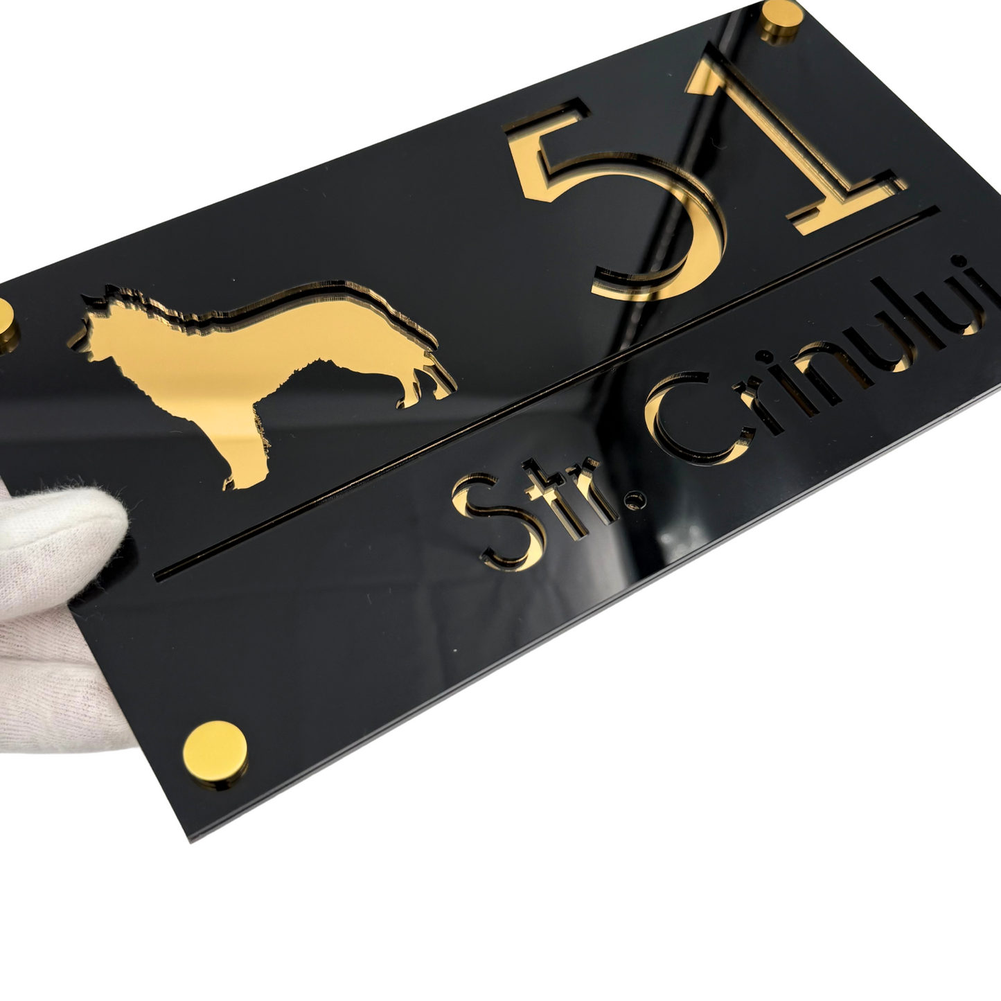 PREMIUM HOUSE NUMBER - Glossy Black Gold Mirror 4 Spacers Gold - 28×15 cm