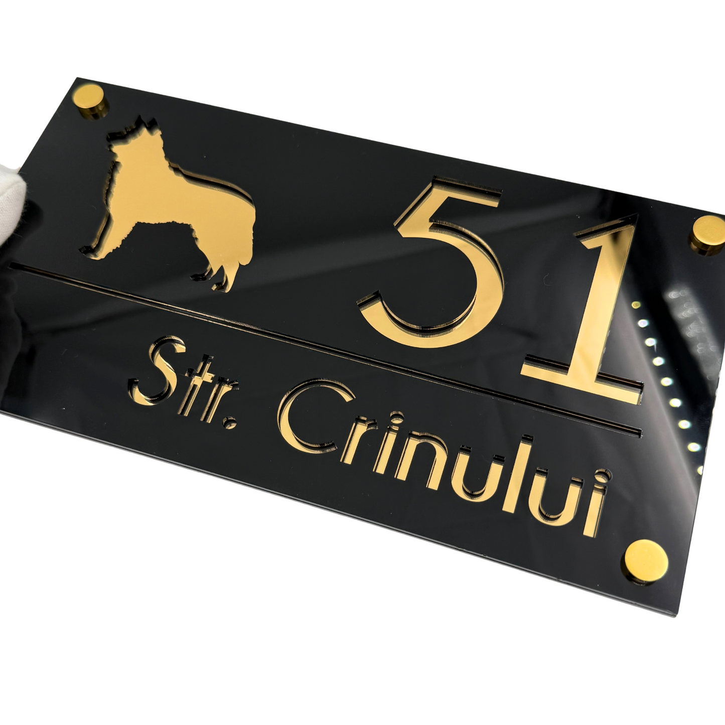 PREMIUM HOUSE NUMBER - Glossy Black Gold Mirror 4 Spacers Gold - 28×15 cm