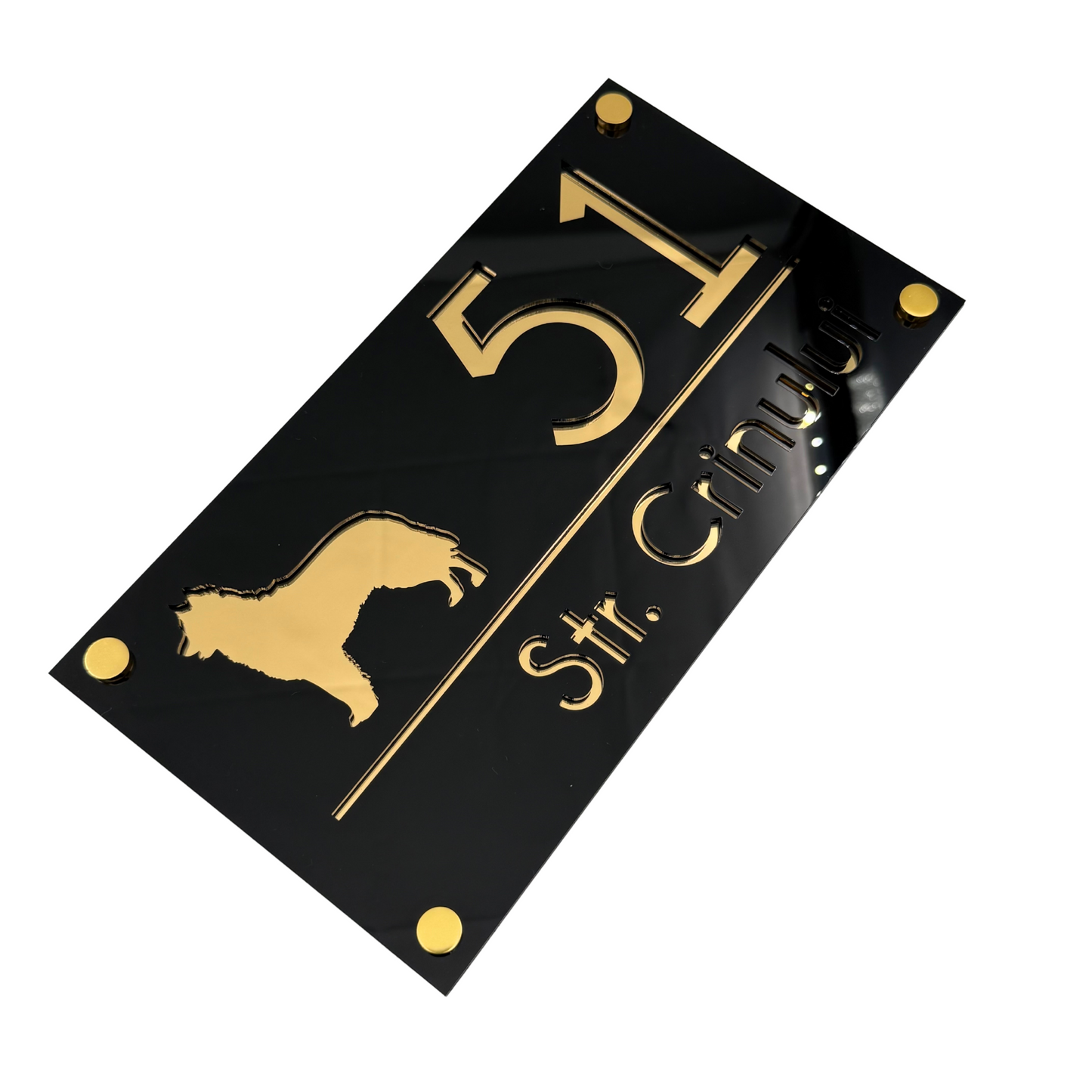 PREMIUM HOUSE NUMBER - Glossy Black Gold Mirror 4 Spacers Gold - 28×15 cm