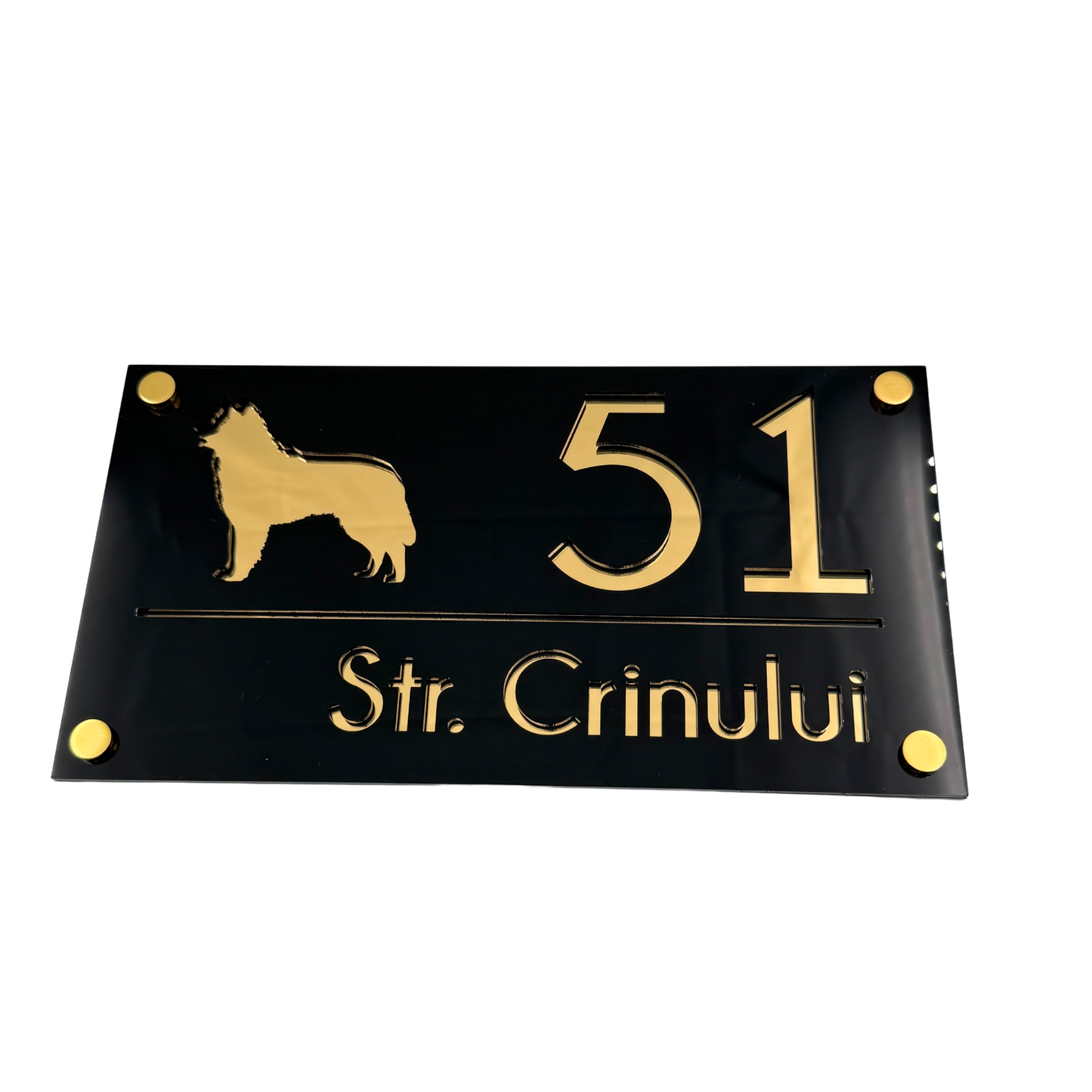 PREMIUM HOUSE NUMBER - Glossy Black Gold Mirror 4 Spacers Gold - 28×15 cm