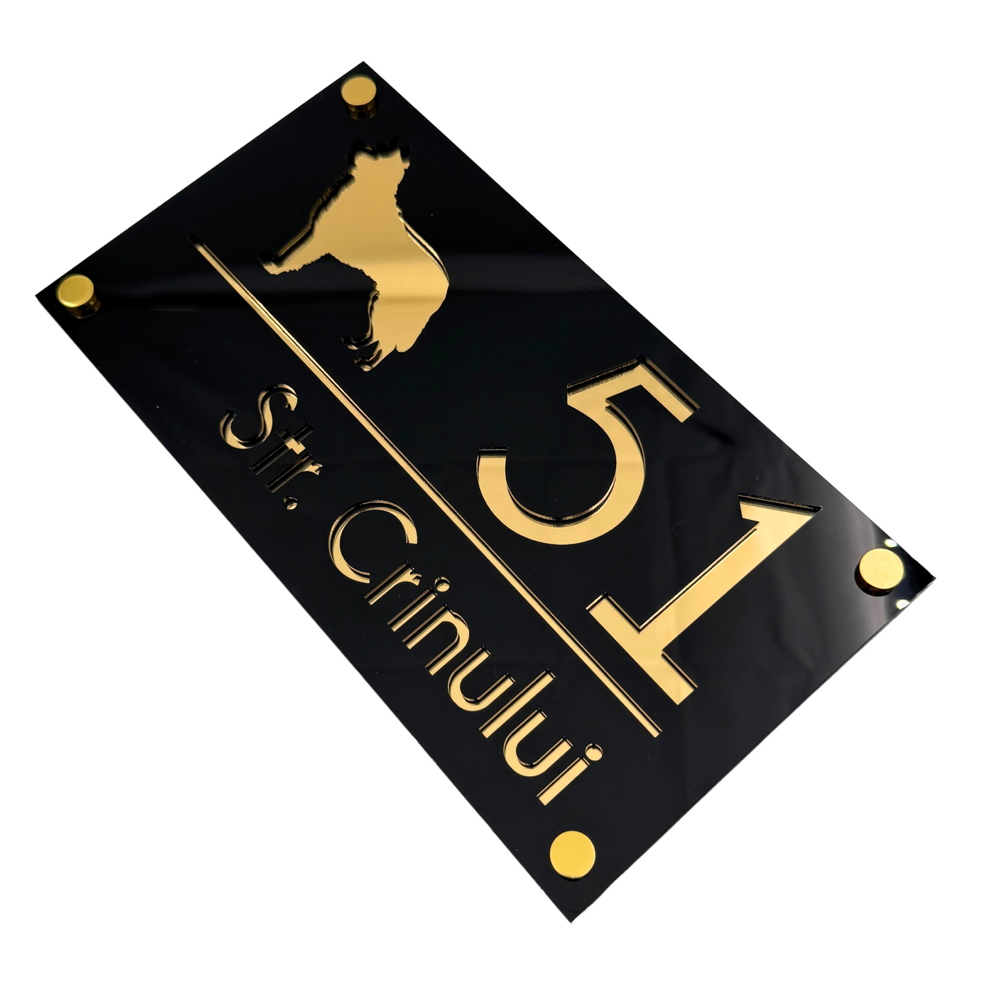 PREMIUM HOUSE NUMBER - Glossy Black Gold Mirror 4 Spacers Gold - 28×15 cm
