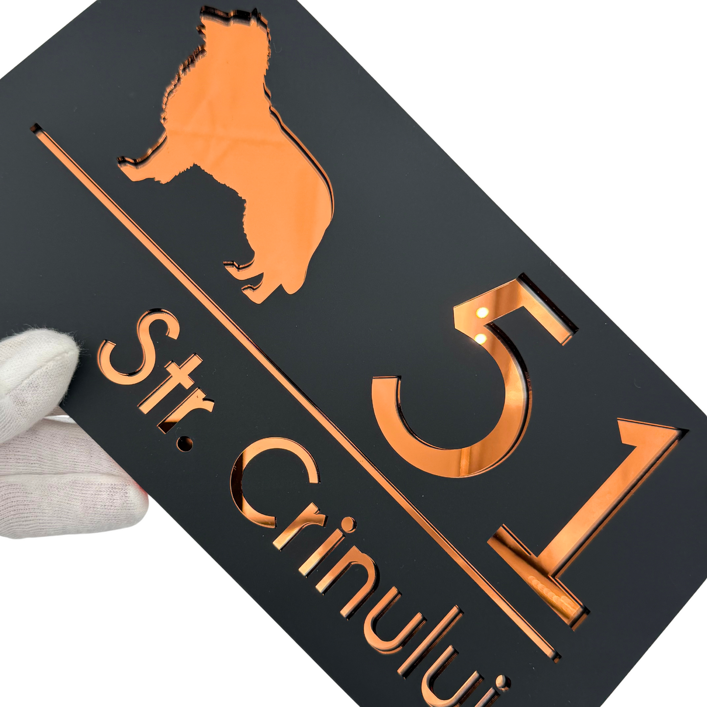 PREMIUM HOUSE NUMBER - Satin Black Copper Mirror 4 Spacers Silver - 28×15 cm