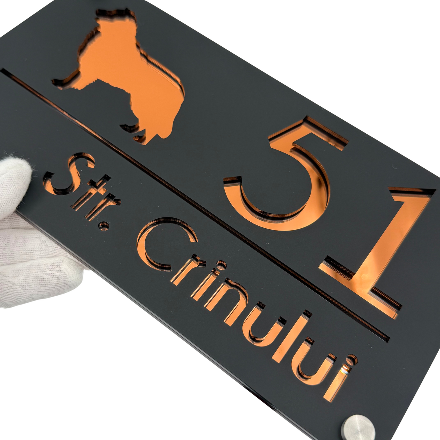 PREMIUM HOUSE NUMBER - Satin Black Copper Mirror 4 Spacers Silver - 28×15 cm