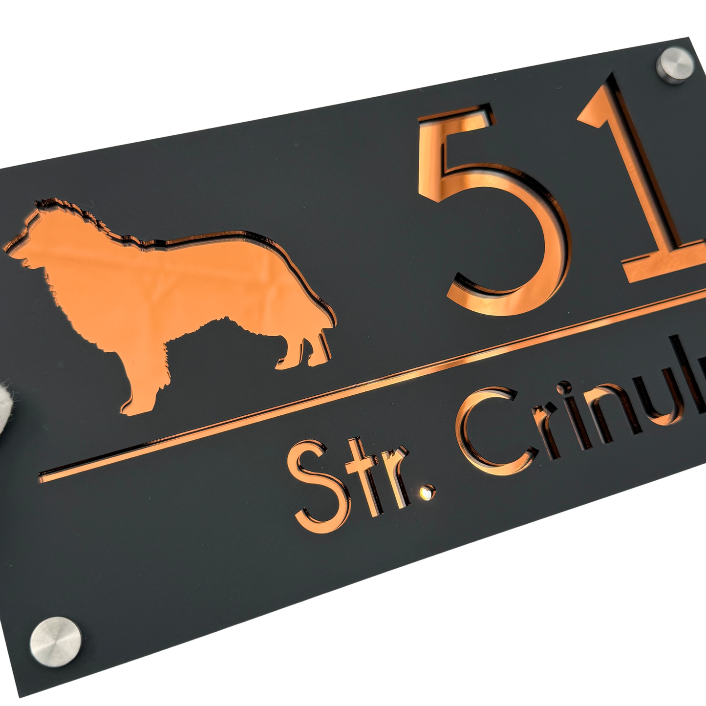 PREMIUM HOUSE NUMBER - Satin Black Copper Mirror 4 Spacers Silver - 28×15 cm