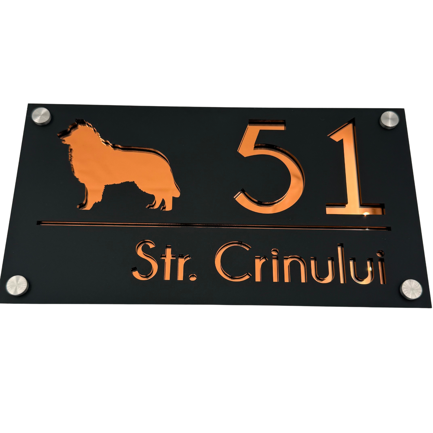 PREMIUM HOUSE NUMBER - Satin Black Copper Mirror 4 Spacers Silver - 28×15 cm