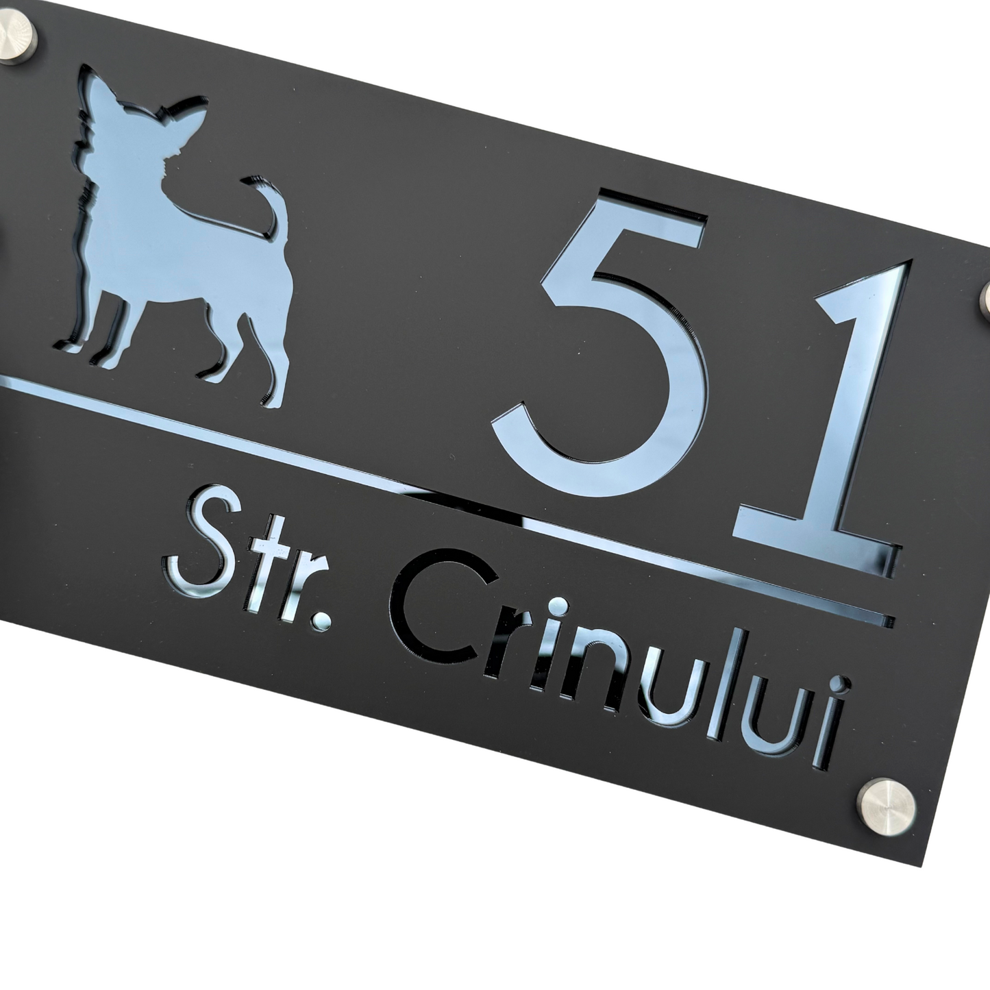 PREMIUM HOUSE NUMBER - Satin Black Anthracite Grey Mirror 4 Spacers Silver - 28×15 cm