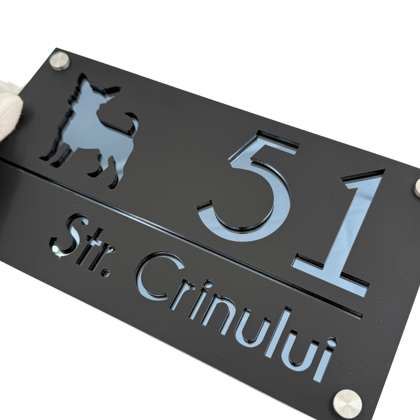 PREMIUM HOUSE NUMBER - Satin Black Anthracite Grey Mirror 4 Spacers Silver - 28×15 cm
