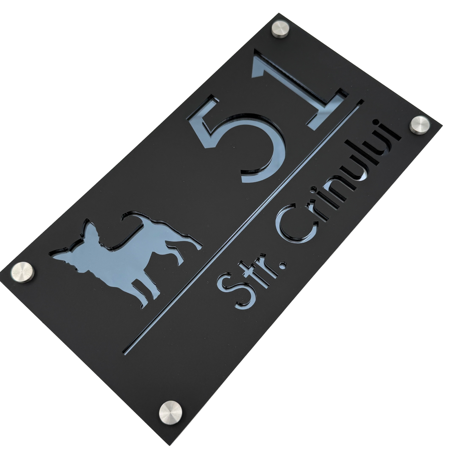 PREMIUM HOUSE NUMBER - Satin Black Anthracite Grey Mirror 4 Spacers Silver - 28×15 cm