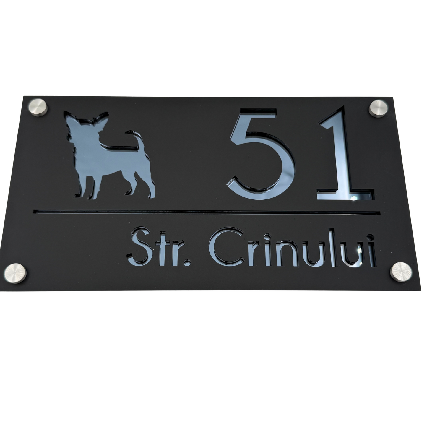 PREMIUM HOUSE NUMBER - Satin Black Anthracite Grey Mirror 4 Spacers Silver - 28×15 cm