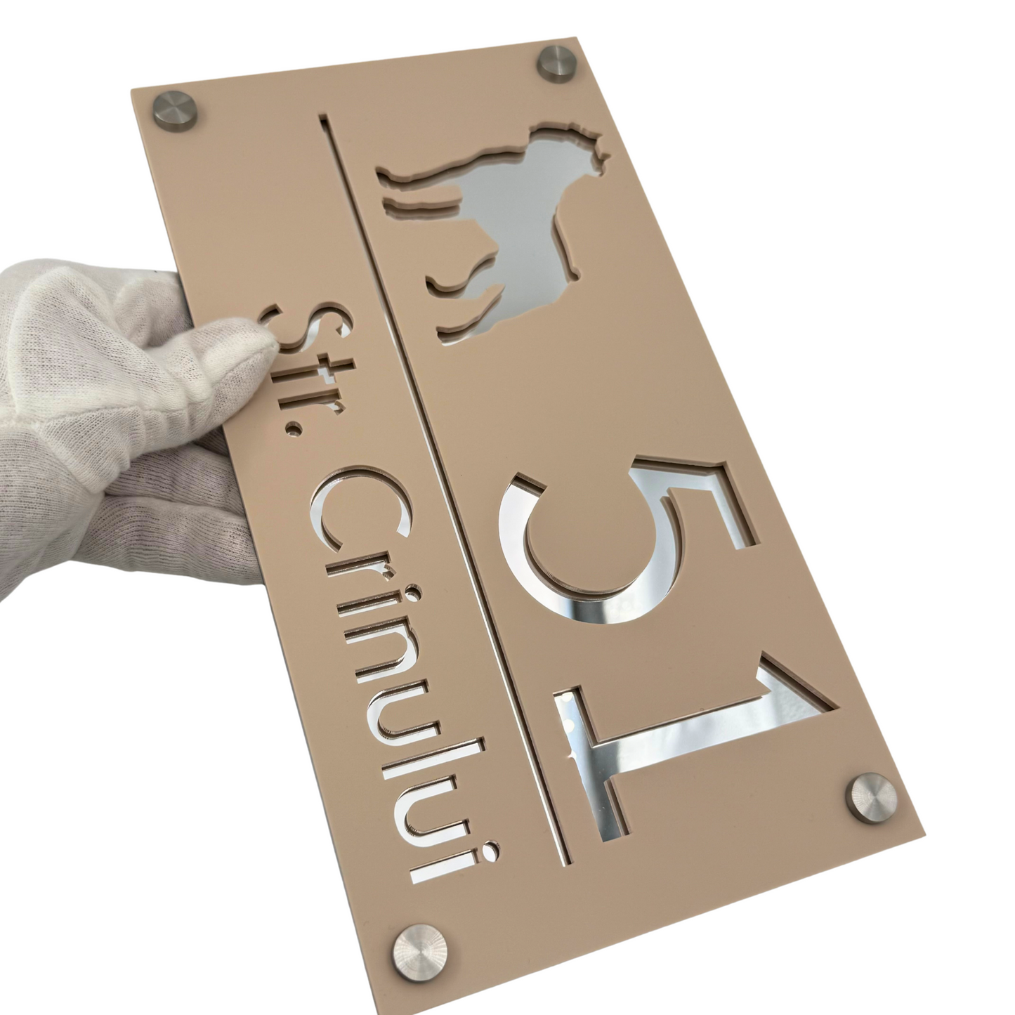 PREMIUM HOUSE NUMBER - Cream colour Satin Silver Mirror 4 Spacers Silver - 28×15 cm