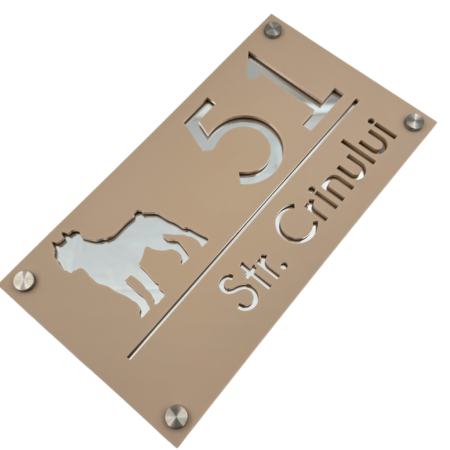 PREMIUM HOUSE NUMBER - Cream colour Satin Silver Mirror 4 Spacers Silver - 28×15 cm