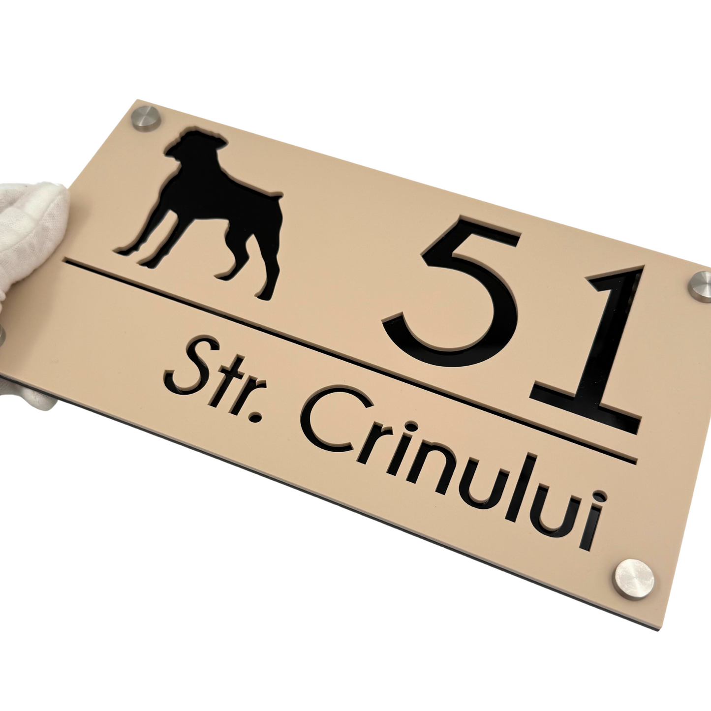 PREMIUM HOUSE NUMBER - Cream colour Satin Glossy Black 4 Spacers Silver - 28×15 cm
