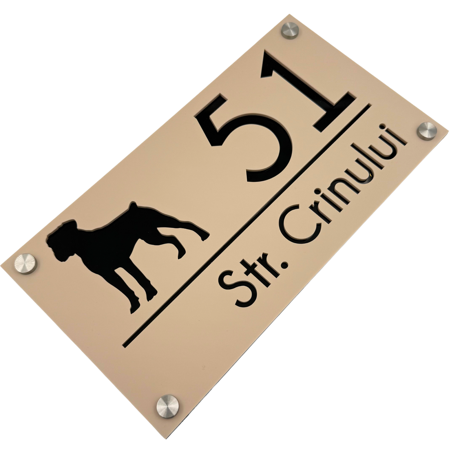 PREMIUM HOUSE NUMBER - Cream colour Satin Glossy Black 4 Spacers Silver - 28×15 cm