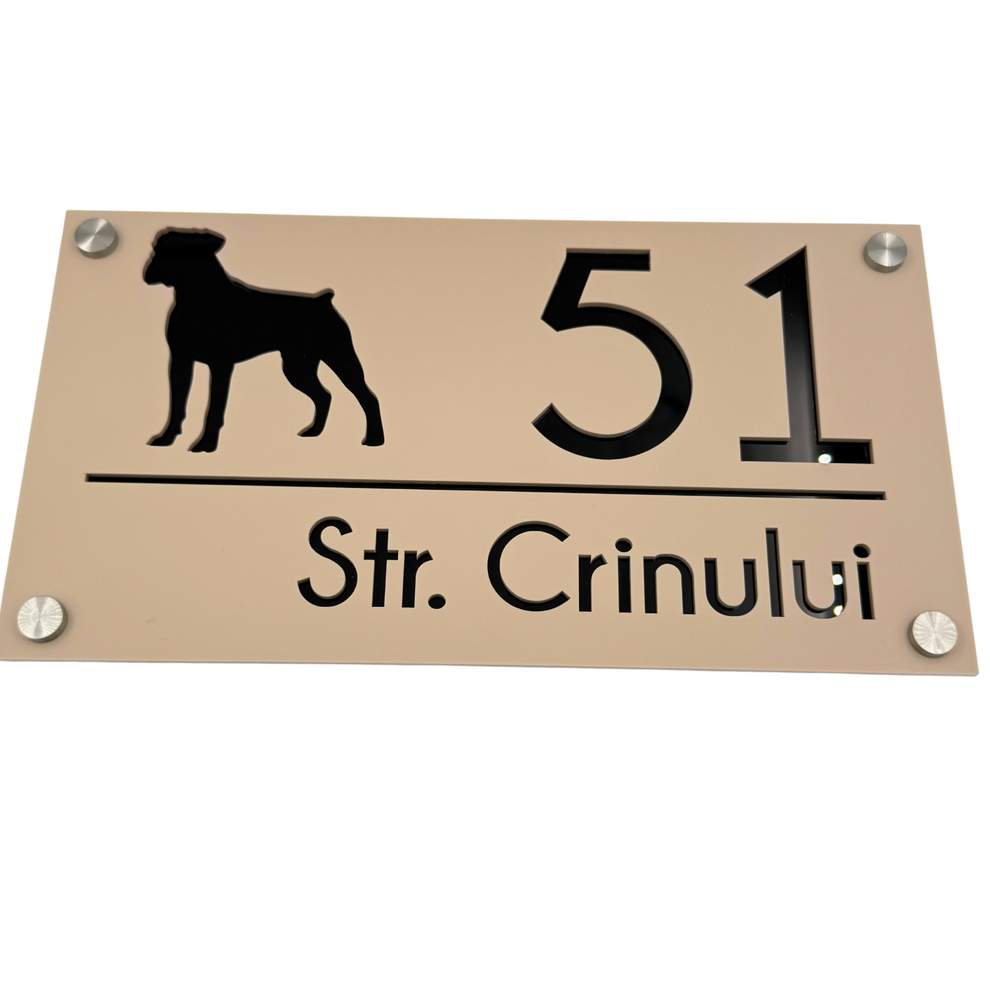 PREMIUM HOUSE NUMBER - Cream colour Satin Glossy Black 4 Spacers Silver - 28×15 cm