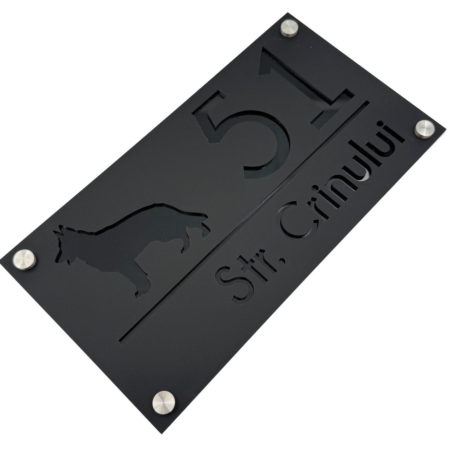 PREMIUM HOUSE NUMBER - Satin Black Glossy Black 4 Spacers Silver - 28×15 cm