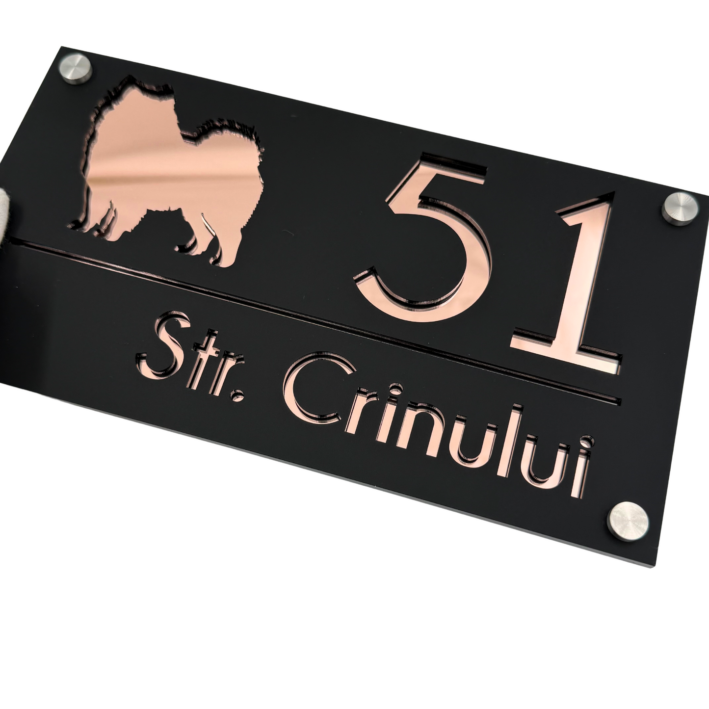 PREMIUM HOUSE NUMBER - Satin Black Rose Gold Mirror 4 Spacers Silver - 28×15 cm