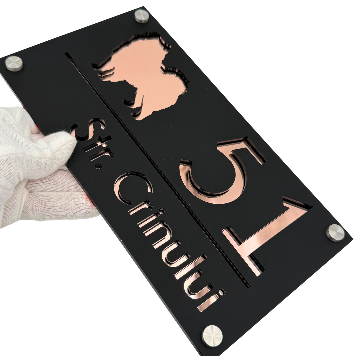 PREMIUM HOUSE NUMBER - Satin Black Rose Gold Mirror 4 Spacers Silver - 28×15 cm