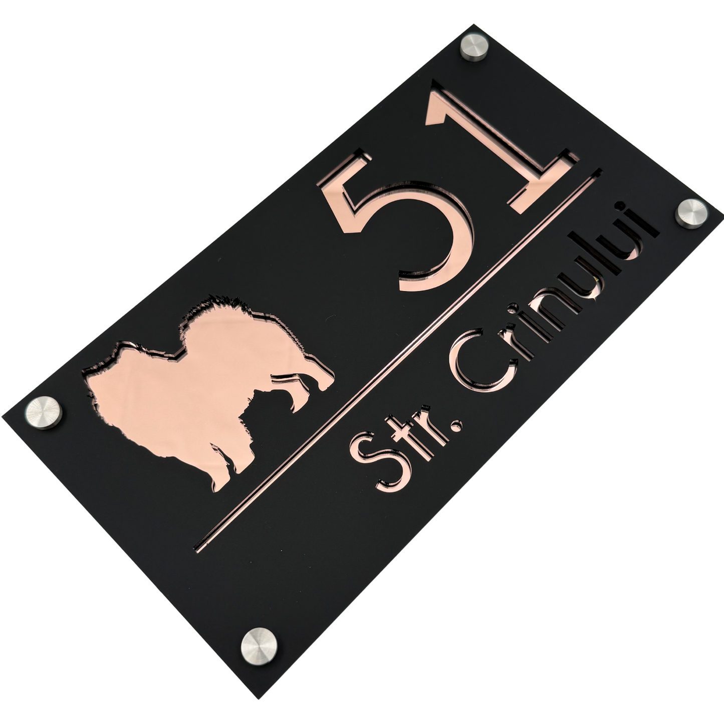 PREMIUM HOUSE NUMBER - Satin Black Rose Gold Mirror 4 Spacers Silver - 28×15 cm