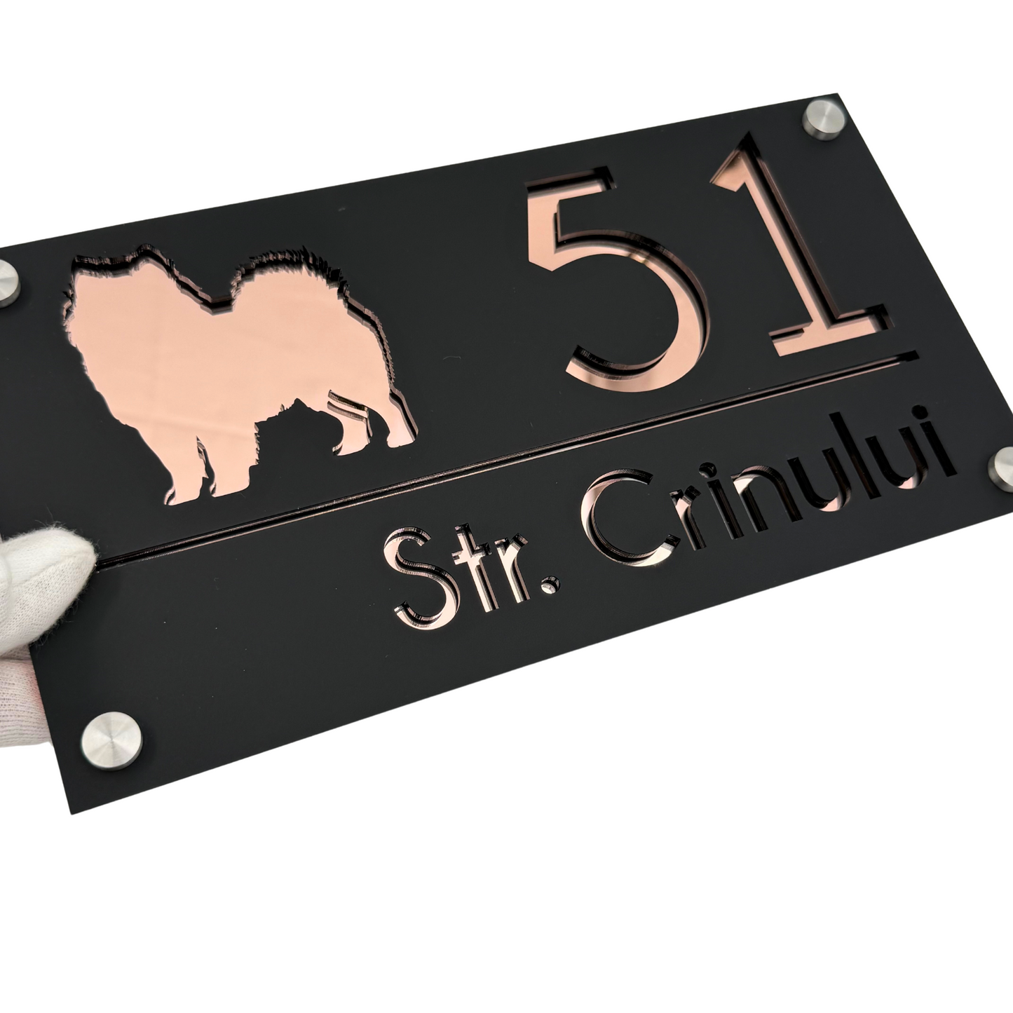 PREMIUM HOUSE NUMBER - Satin Black Rose Gold Mirror 4 Spacers Silver - 28×15 cm
