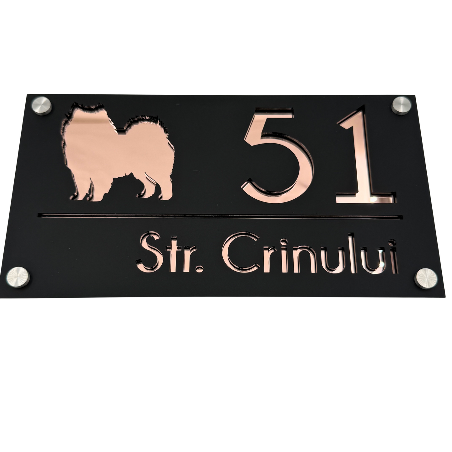 PREMIUM HOUSE NUMBER - Satin Black Rose Gold Mirror 4 Spacers Silver - 28×15 cm