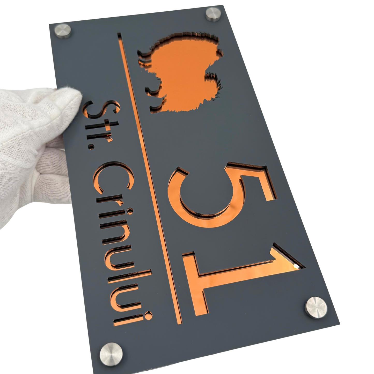 PREMIUM HOUSE NUMBER - Satin Grey Copper Mirror 4 Spacers Silver - 28×15 cm