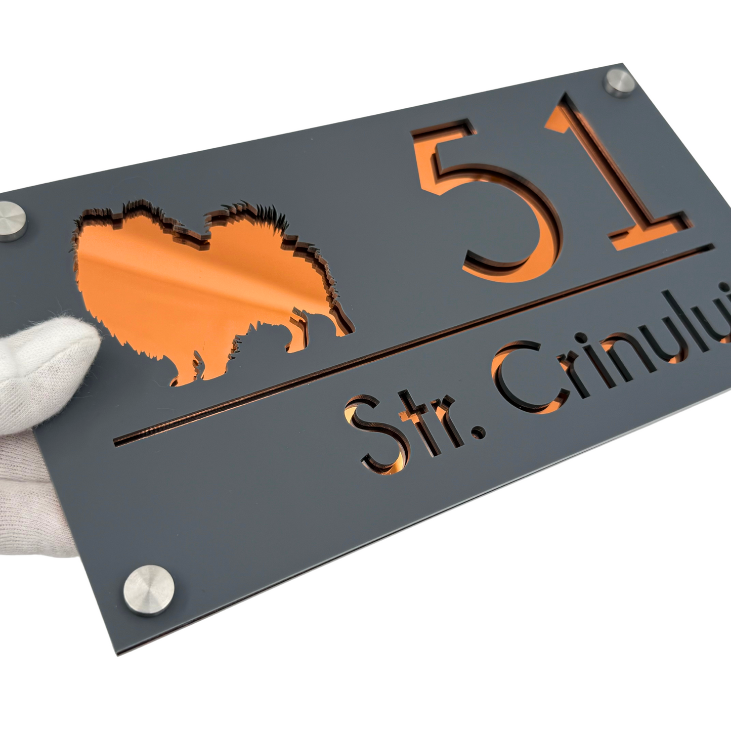PREMIUM HOUSE NUMBER - Satin Grey Copper Mirror 4 Spacers Silver - 28×15 cm