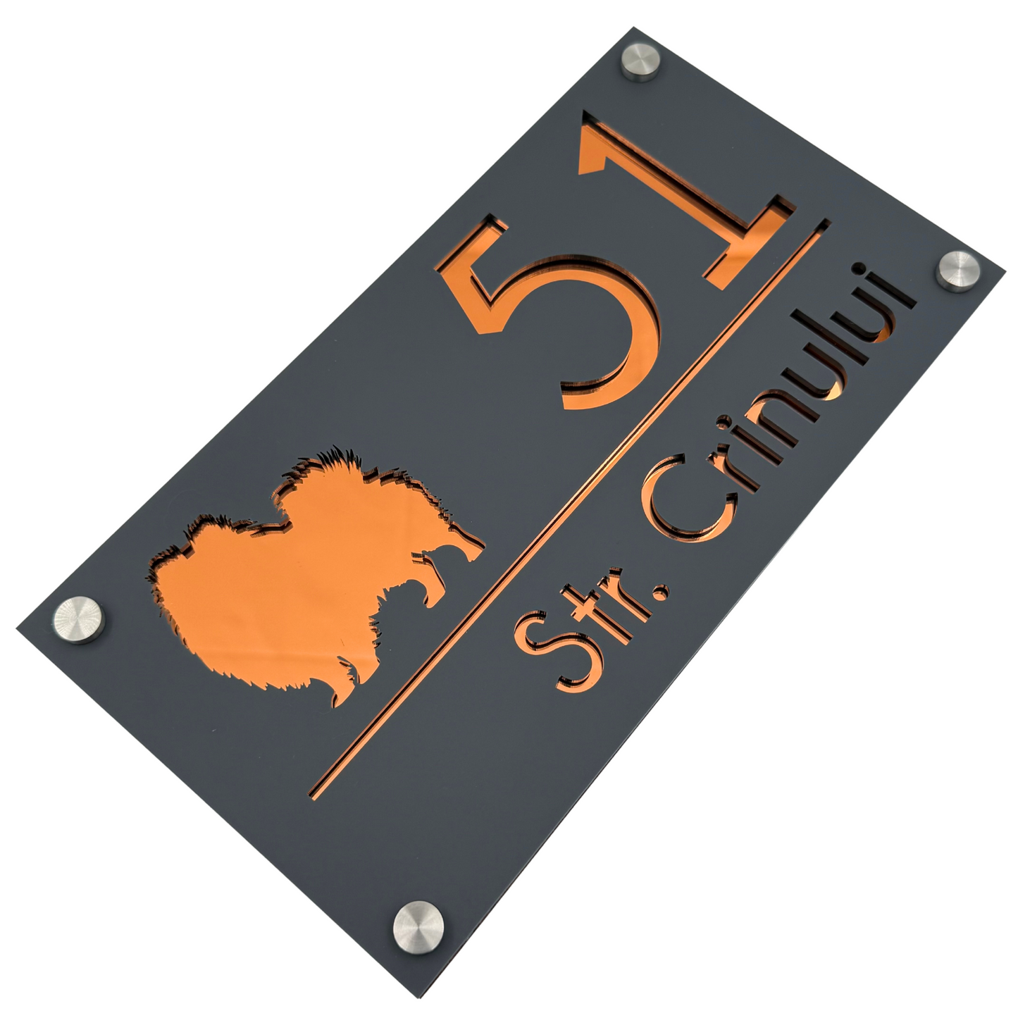 PREMIUM HOUSE NUMBER - Satin Grey Copper Mirror 4 Spacers Silver - 28×15 cm