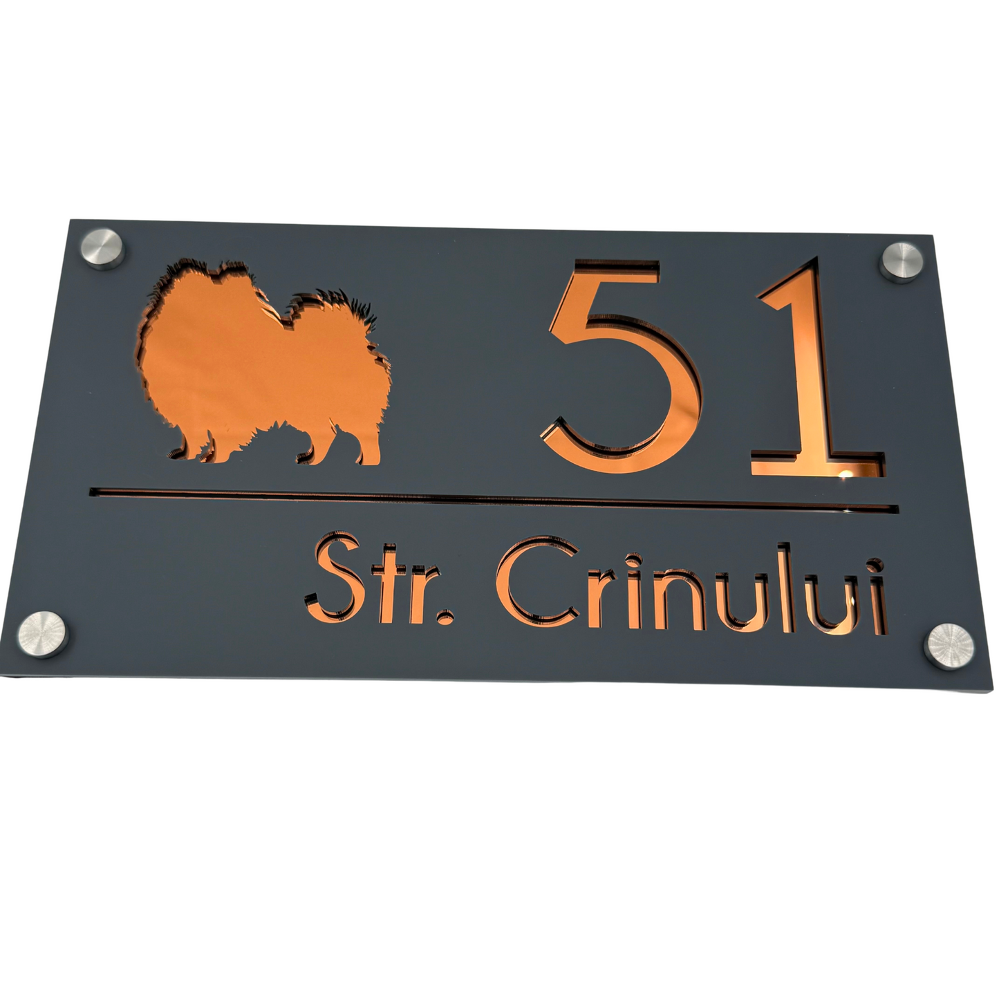 PREMIUM HOUSE NUMBER - Satin Grey Copper Mirror 4 Spacers Silver - 28×15 cm