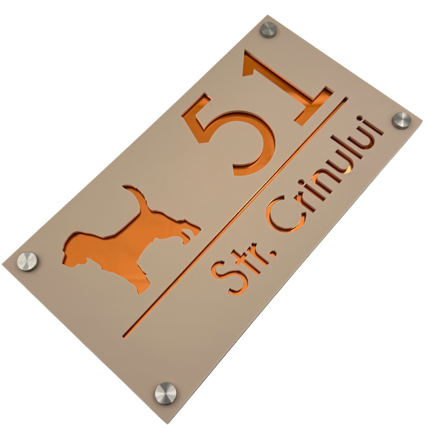 PREMIUM HOUSE NUMBER - Cream colour Satin Copper Mirror 4 Spacers Silver - 28×15 cm