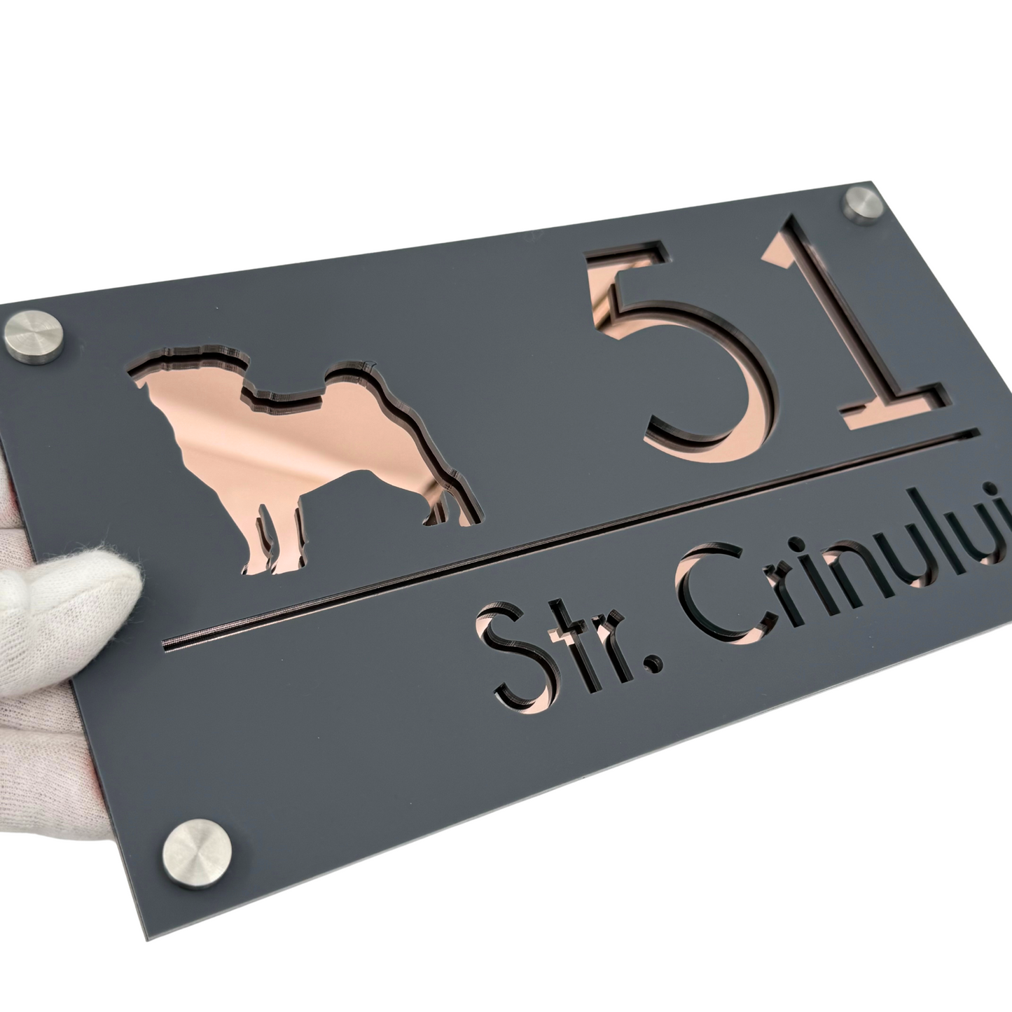 PREMIUM HOUSE NUMBER - Satin Grey Rose Gold Mirror 4 Spacers Silver - 28×15 cm