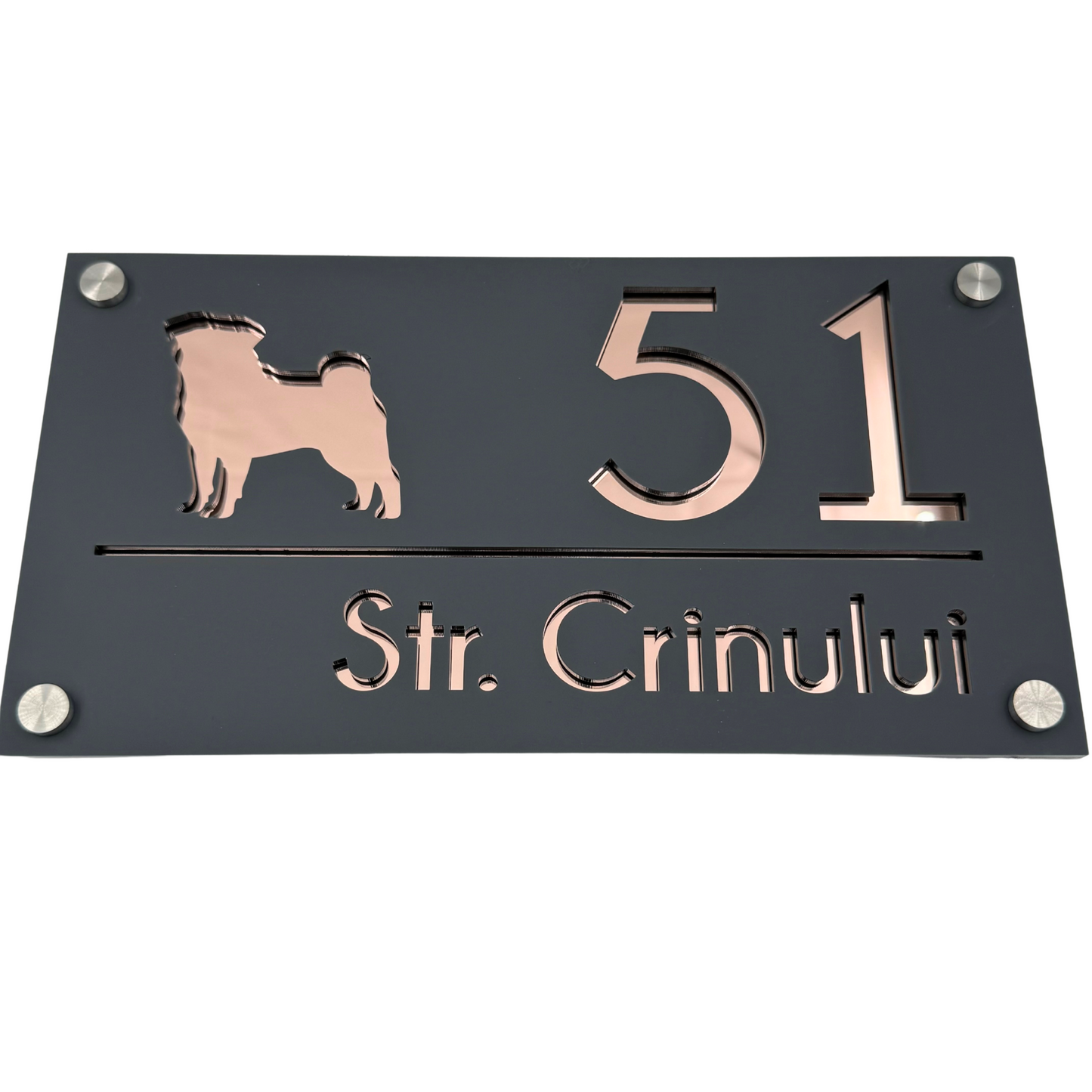 PREMIUM HOUSE NUMBER - Satin Grey Rose Gold Mirror 4 Spacers Silver - 28×15 cm