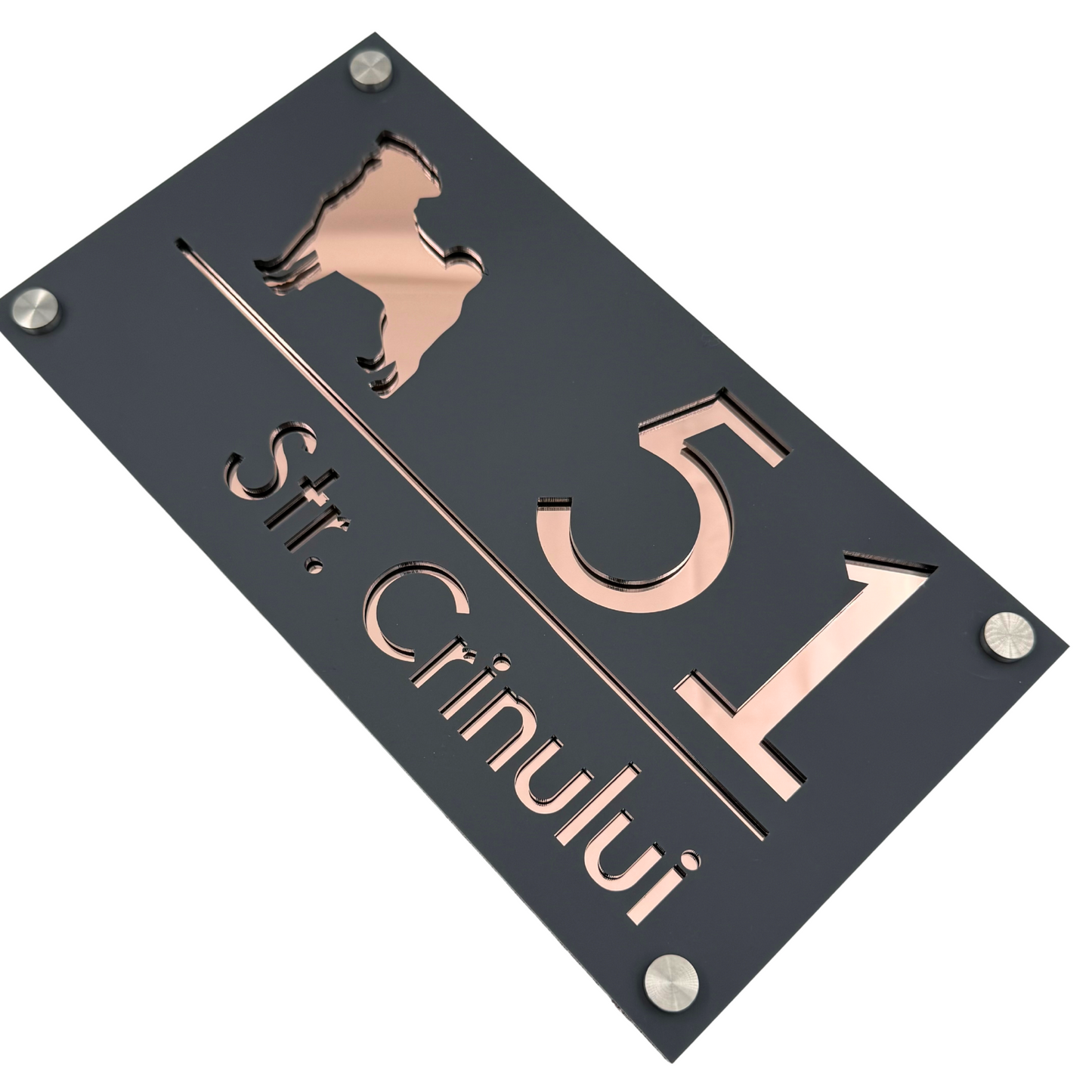 PREMIUM HOUSE NUMBER - Satin Grey Rose Gold Mirror 4 Spacers Silver - 28×15 cm