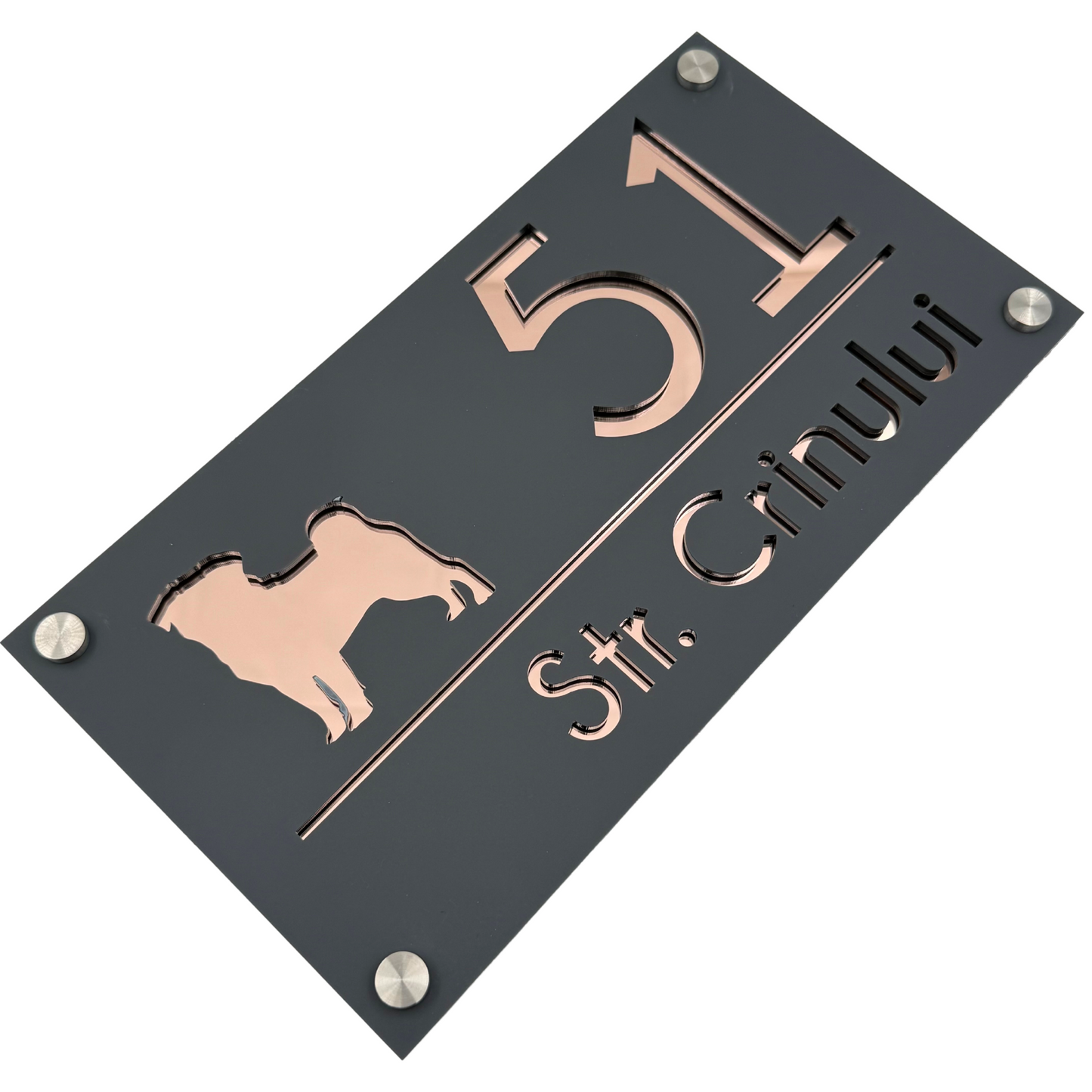 PREMIUM HOUSE NUMBER - Satin Grey Rose Gold Mirror 4 Spacers Silver - 28×15 cm