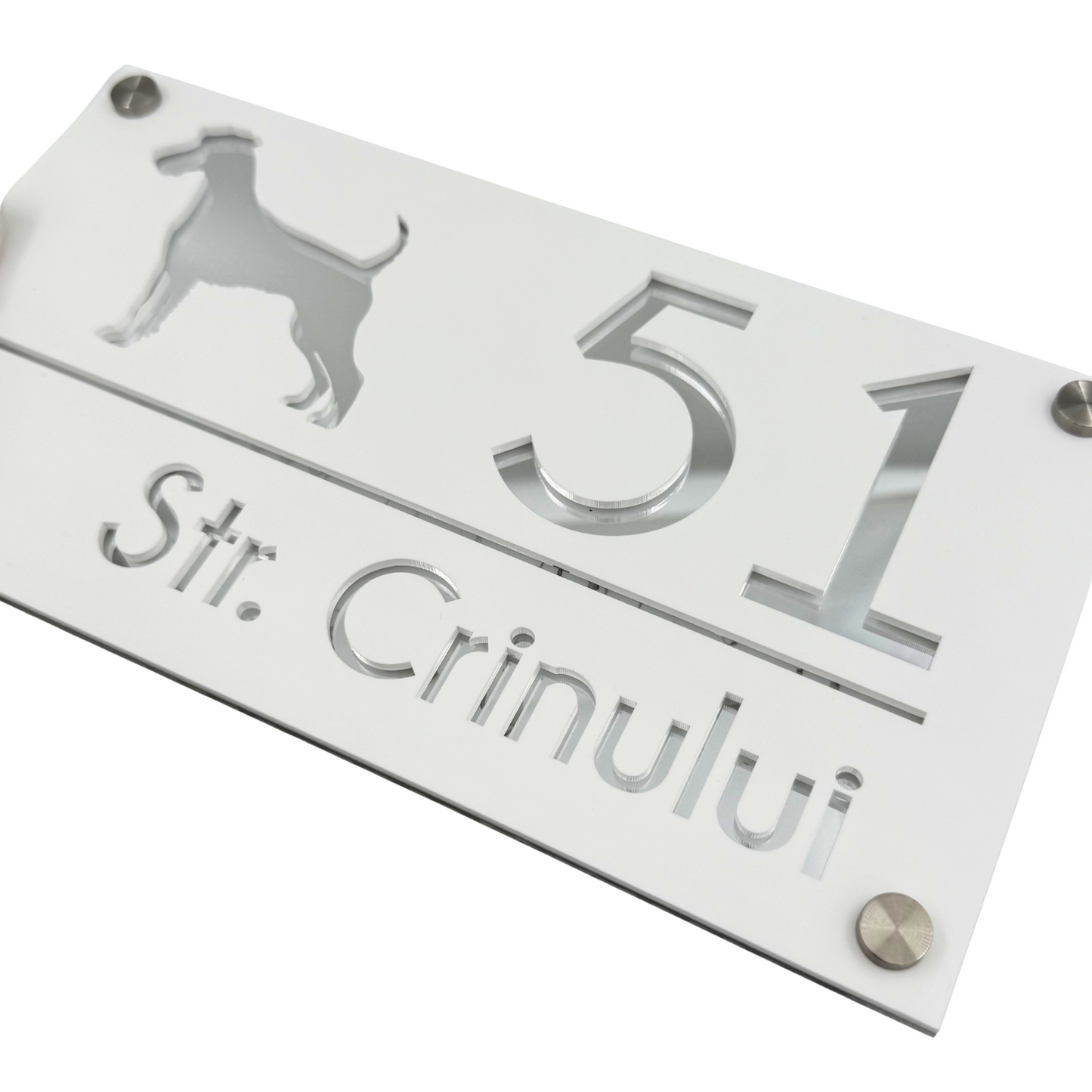 PREMIUM HOUSE NUMBER - White Satin Silver Mirror 4 Spacers Silver - 28×15 cm