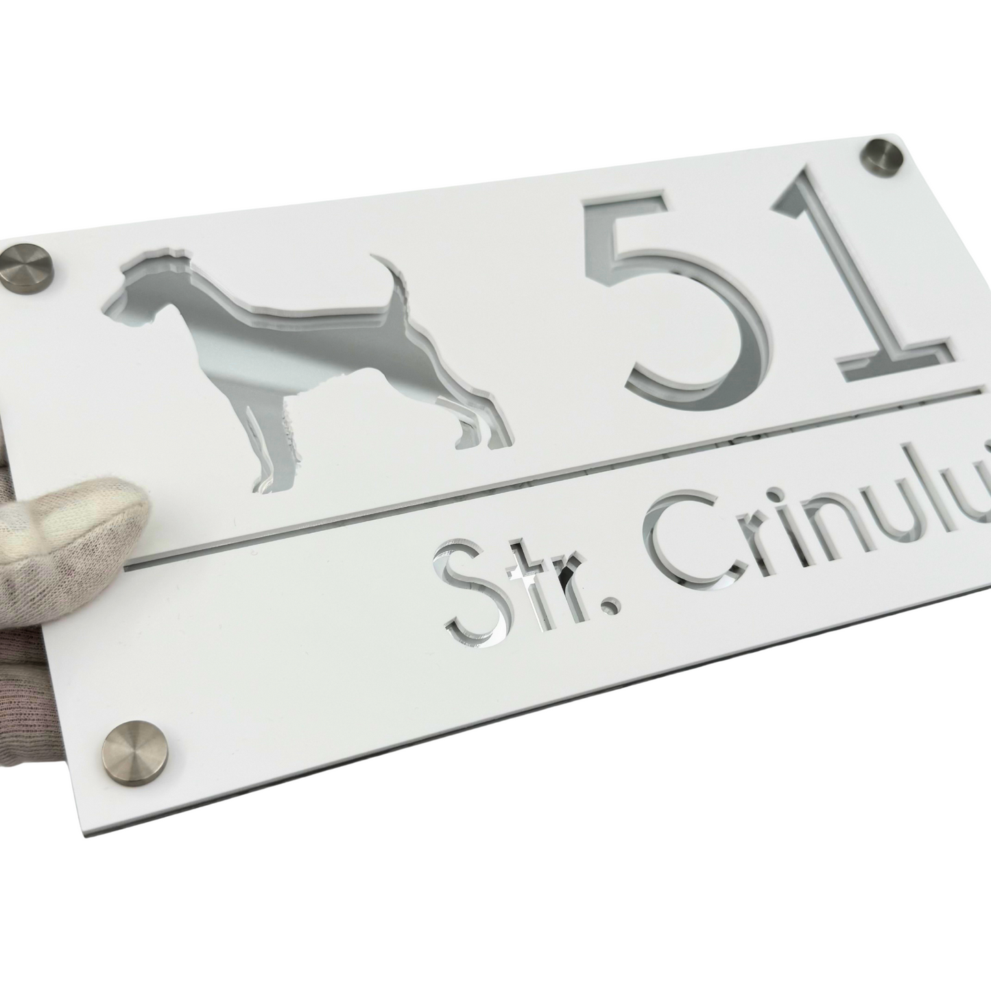 PREMIUM HOUSE NUMBER - White Satin Silver Mirror 4 Spacers Silver - 28×15 cm