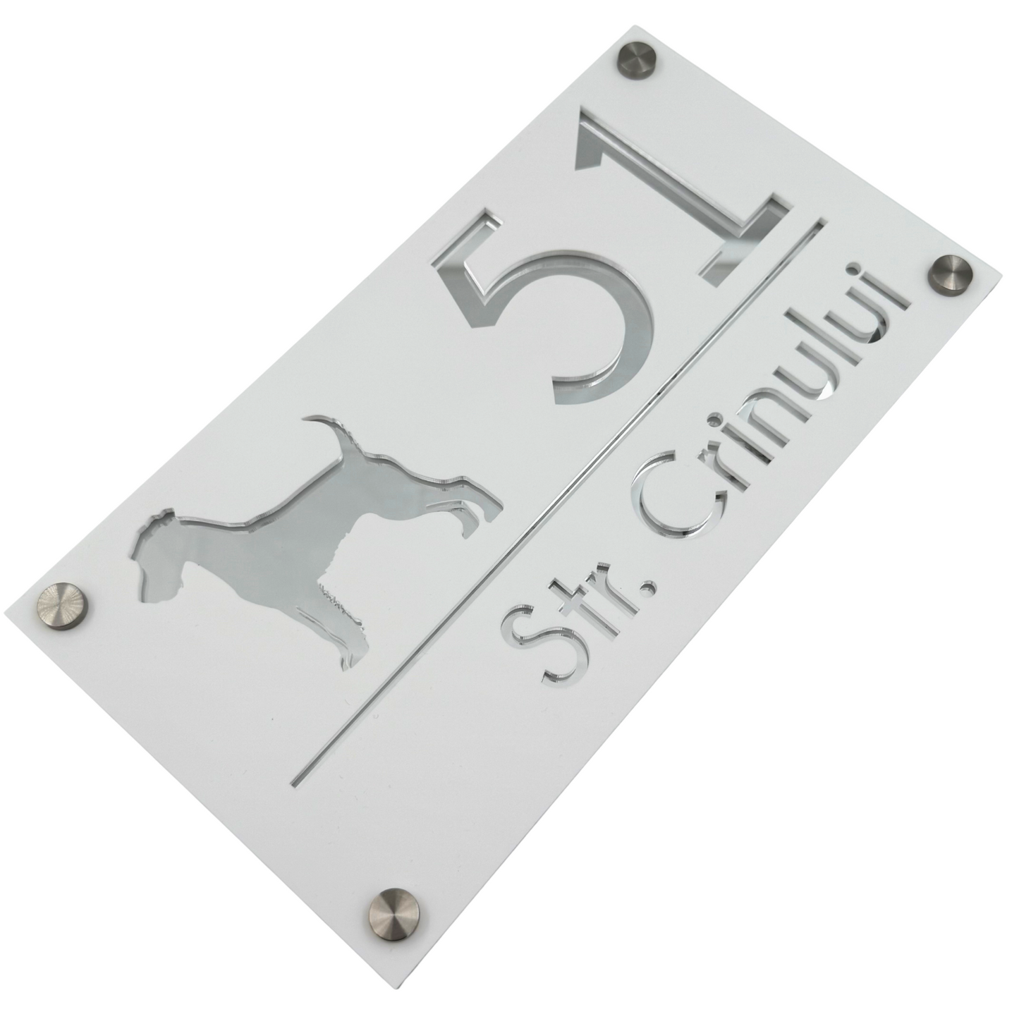 PREMIUM HOUSE NUMBER - White Satin Silver Mirror 4 Spacers Silver - 28×15 cm