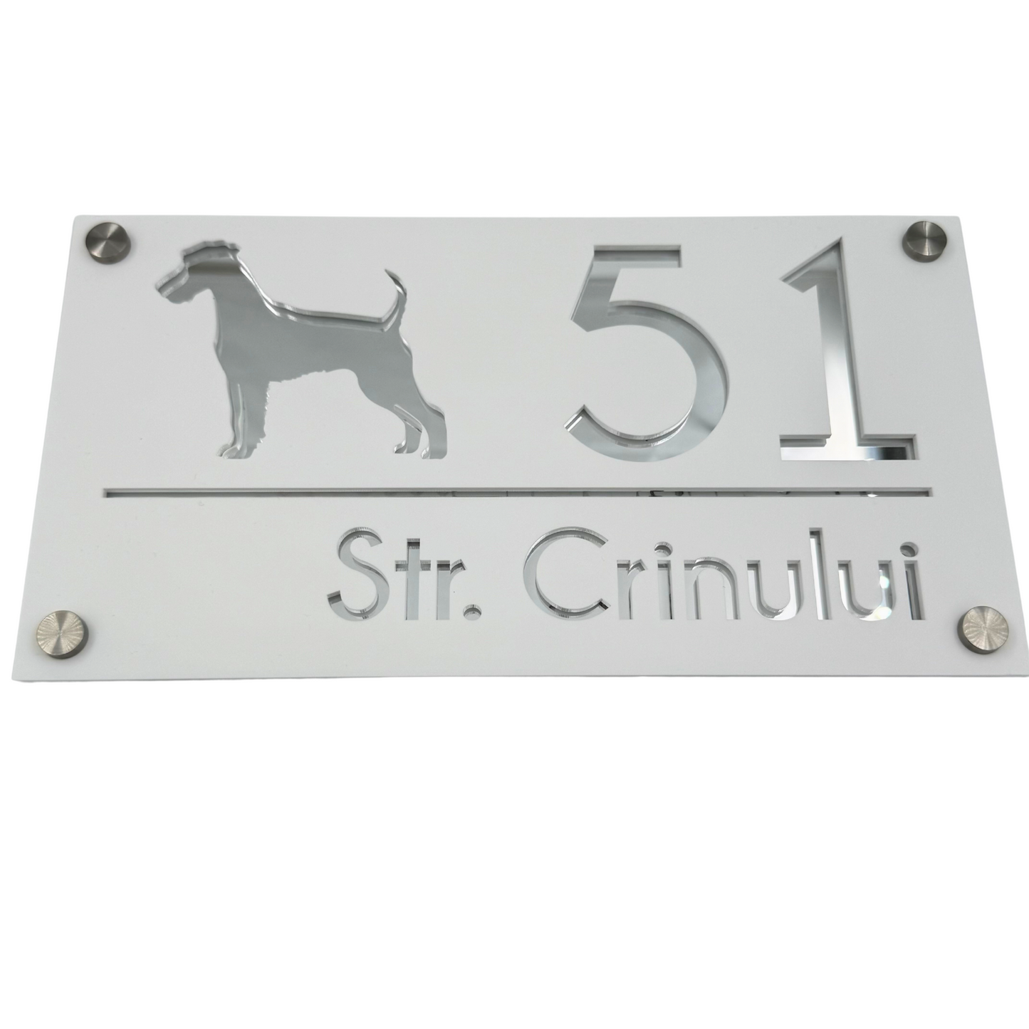PREMIUM HOUSE NUMBER - White Satin Silver Mirror 4 Spacers Silver - 28×15 cm