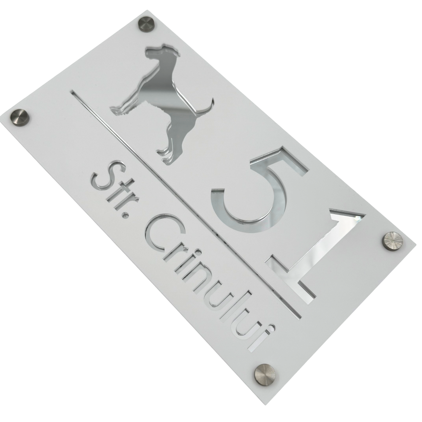 PREMIUM HOUSE NUMBER - White Satin Silver Mirror 4 Spacers Silver - 28×15 cm