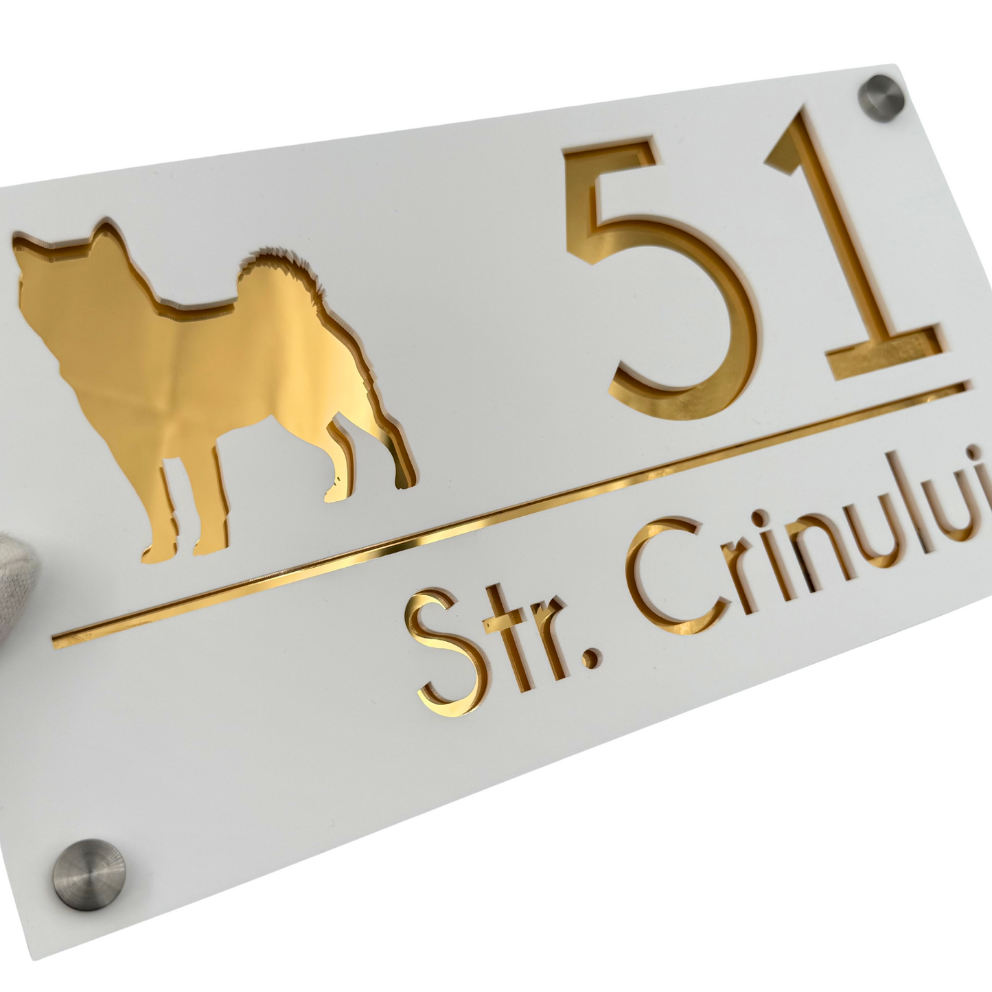 PREMIUM HOUSE NUMBER - White Satin Gold Mirror 4 Spacers Silver - 28×15 cm