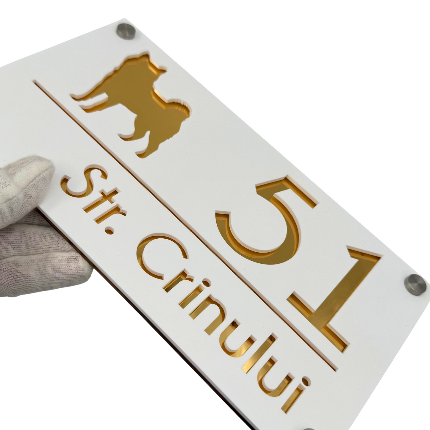 PREMIUM HOUSE NUMBER - White Satin Gold Mirror 4 Spacers Silver - 28×15 cm
