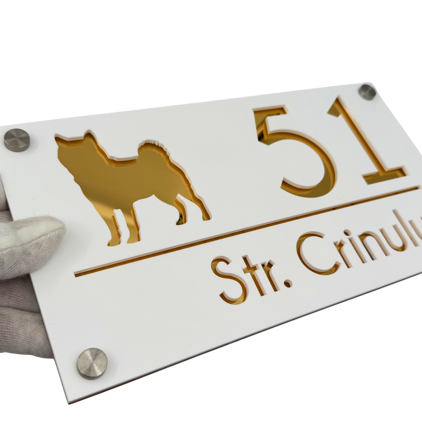 PREMIUM HOUSE NUMBER - White Satin Gold Mirror 4 Spacers Silver - 28×15 cm